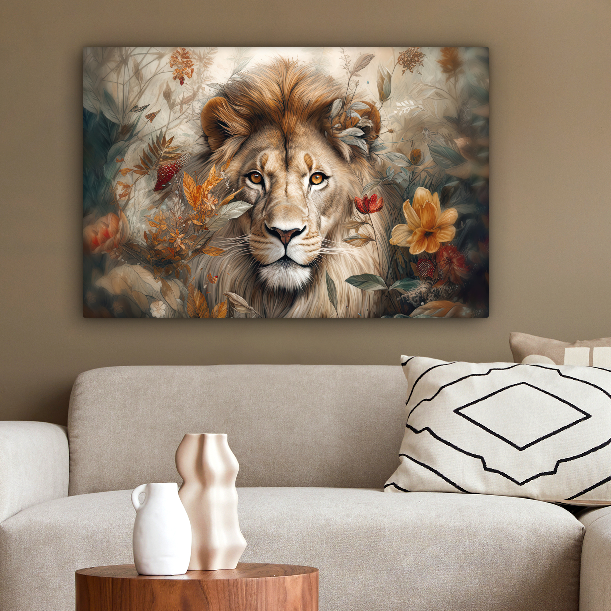 Tableau sur toile - Lion - Animaux sauvages - Plantes - Nature - Fleurs-2