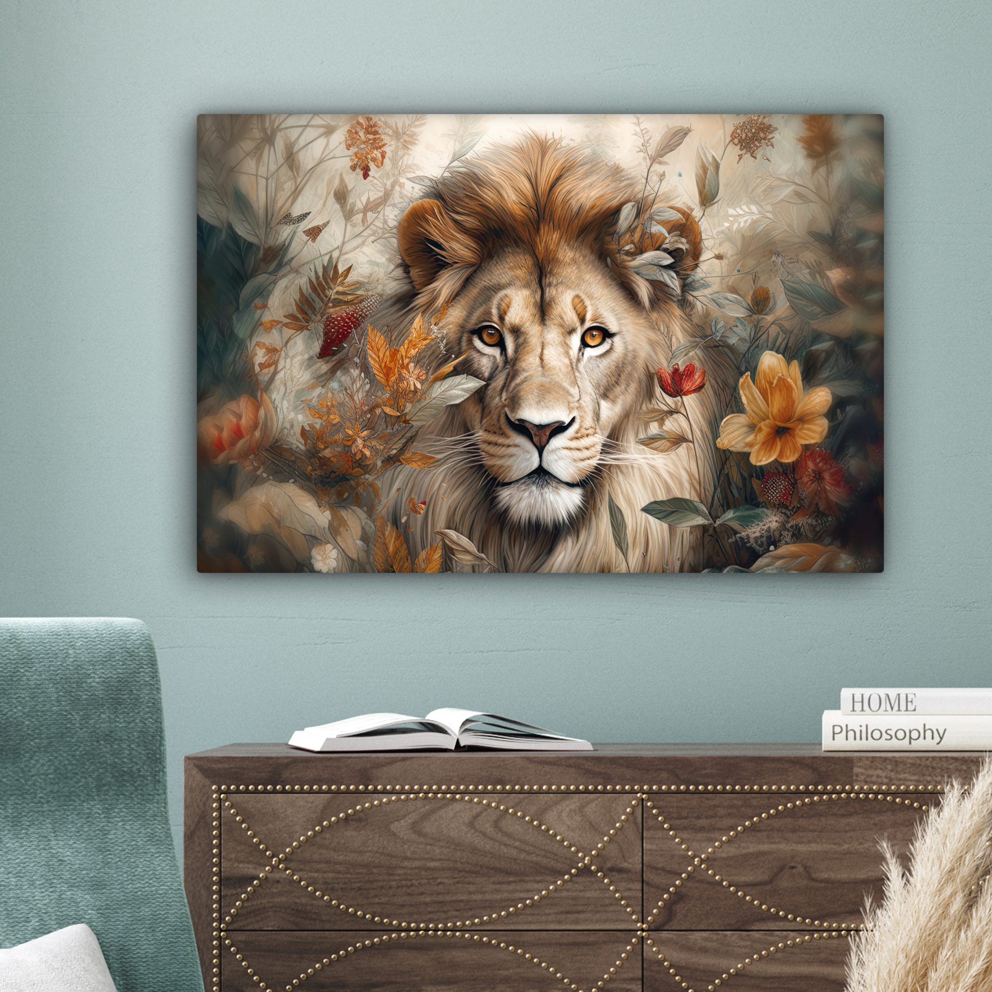Tableau sur toile - Lion - Animaux sauvages - Plantes - Nature - Fleurs-4