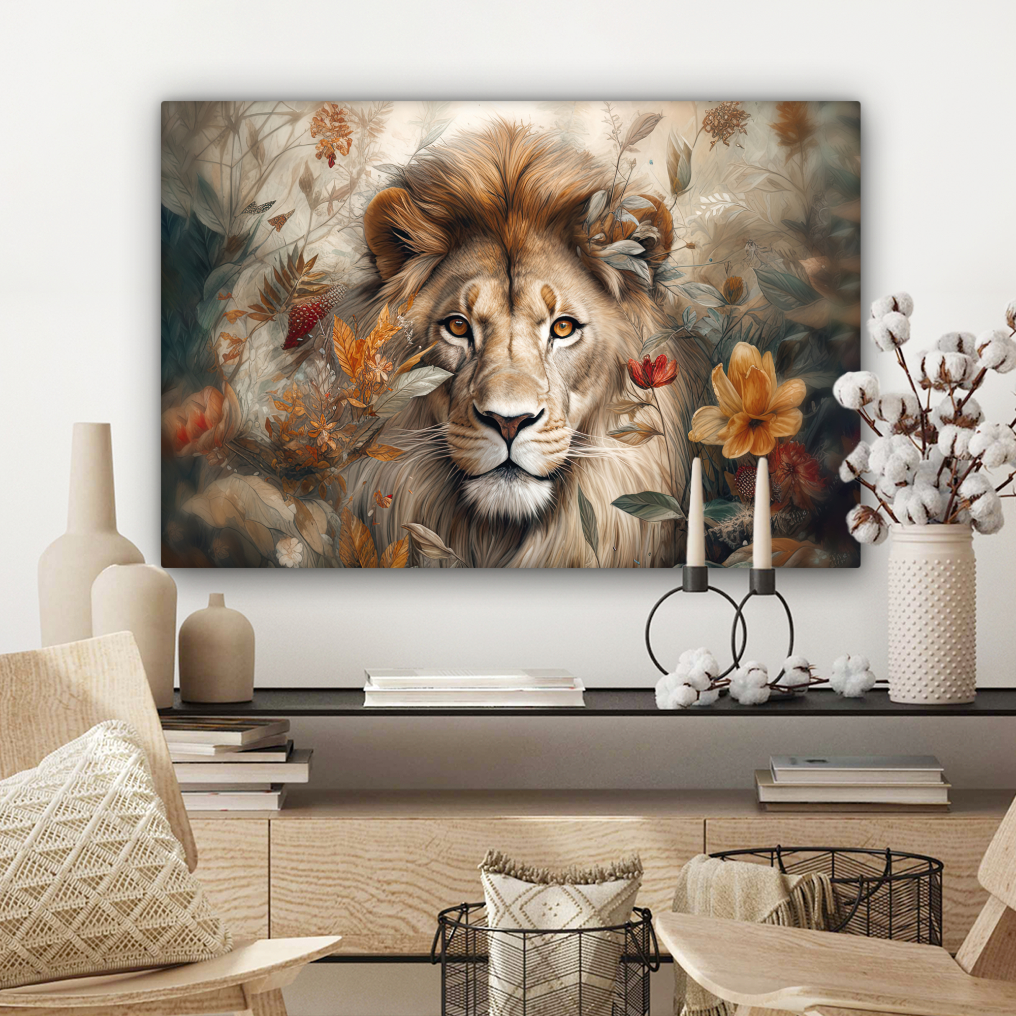 Canvas schilderij - Leeuw - Wilde dieren - Planten - Natuur - Bloemen-3
