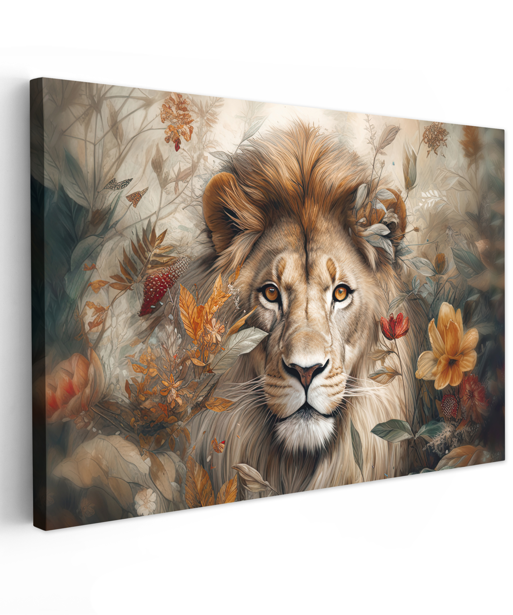 Tableau sur toile - Lion - Animaux sauvages - Plantes - Nature - Fleurs