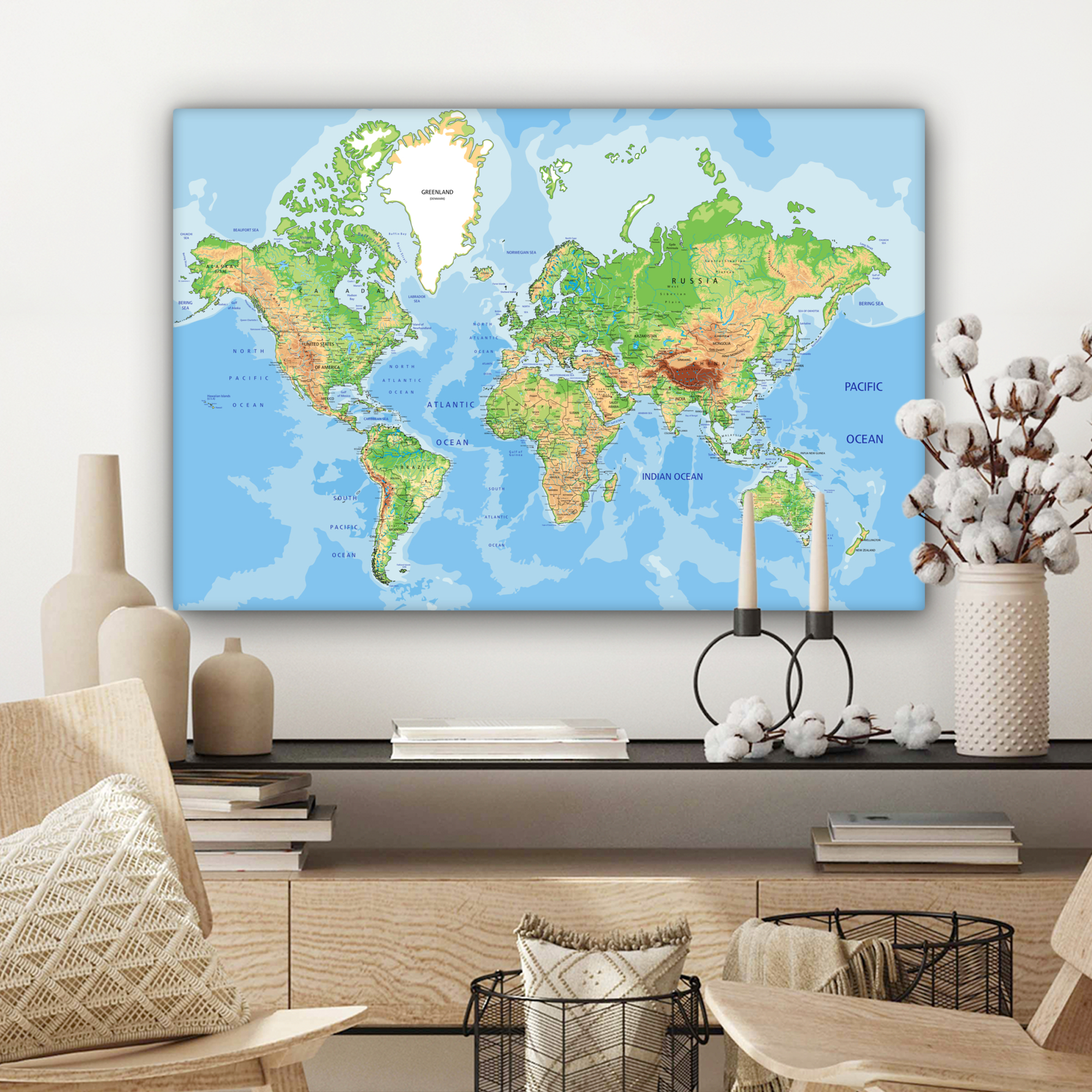 Canvas schilderij - Wereldkaart - Topografie - Atlas-3