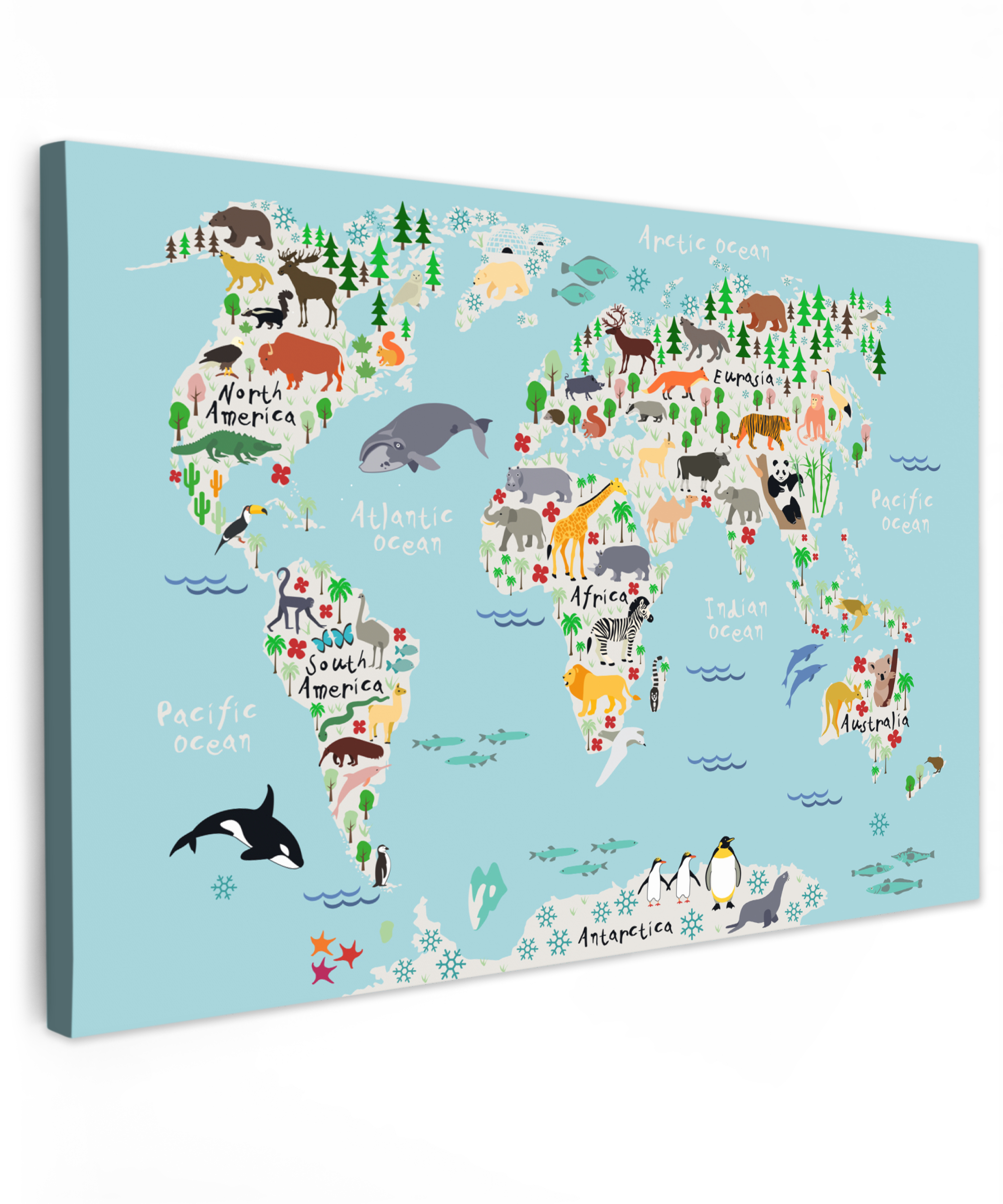 Tableau sur toile - Carte du monde - Enfants - Animaux - Enfant