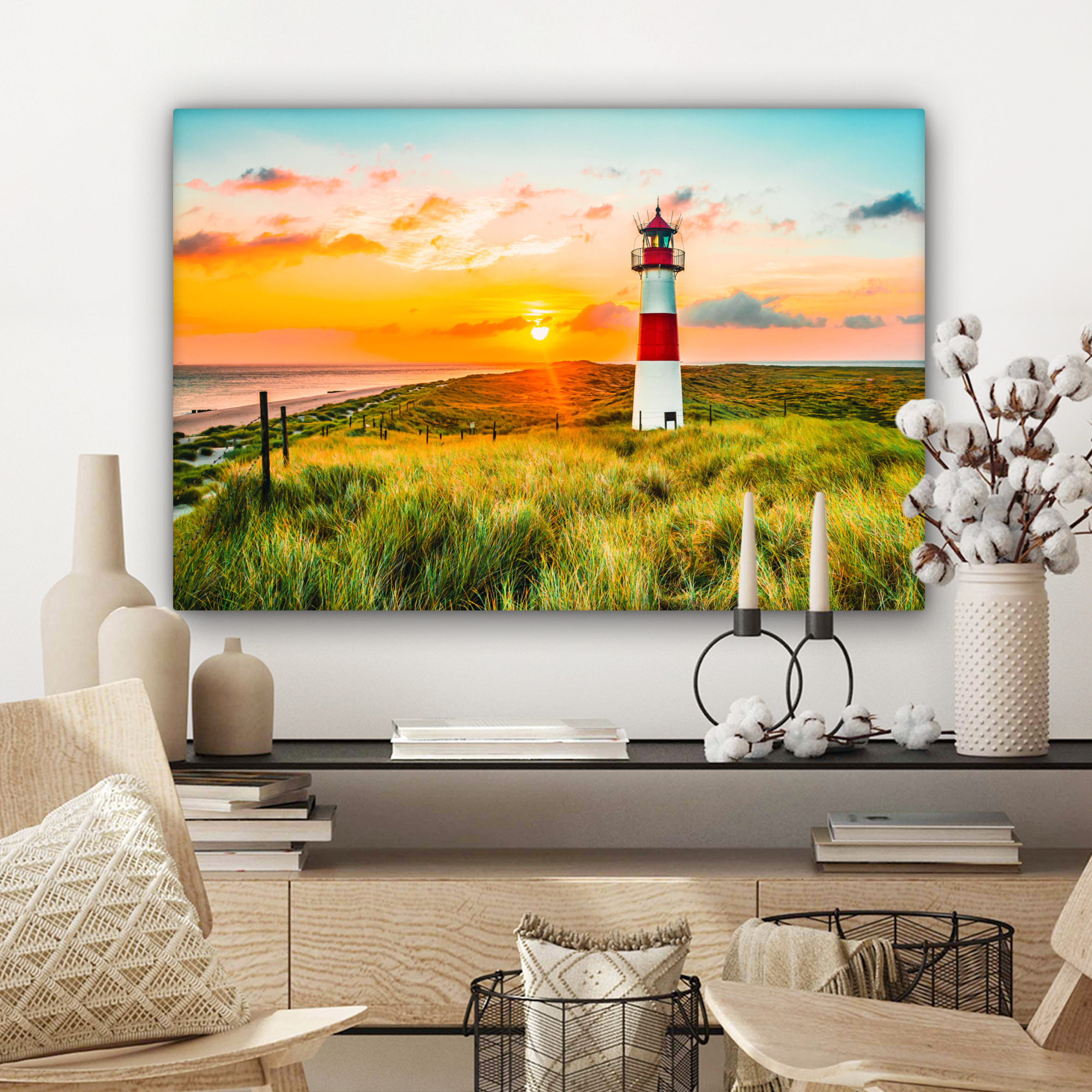 Tableau sur toile - Phare - Nature - Soleil - Paysage - Herbe - Plage - Mer-3