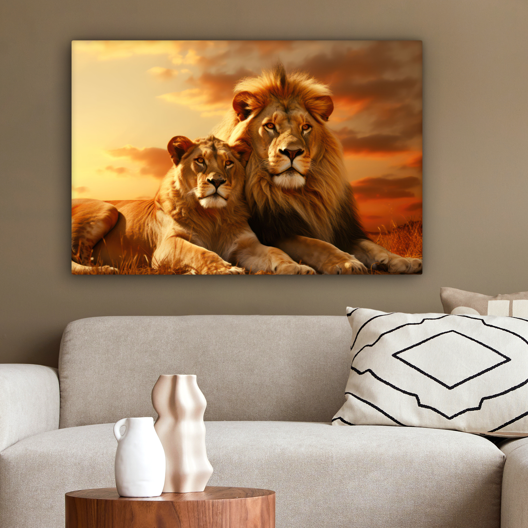 Leinwandbild - Löwen - Sonnenuntergang - Afrika - Savanne - Tiere-2