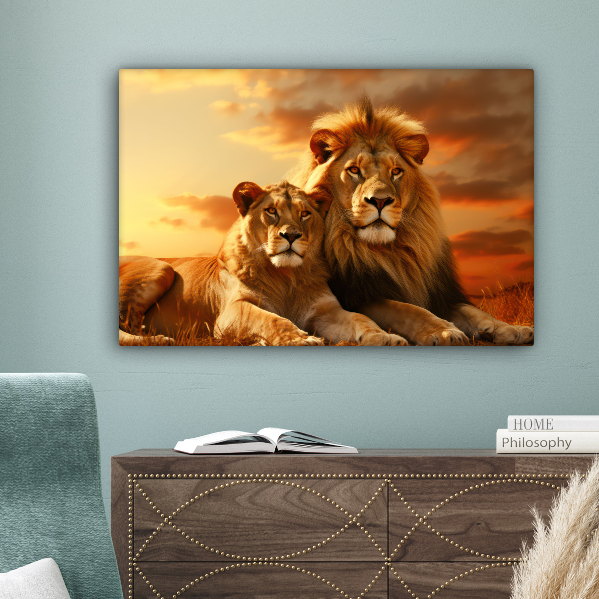 Leinwandbild - Löwen - Sonnenuntergang - Afrika - Savanne - Tiere-4