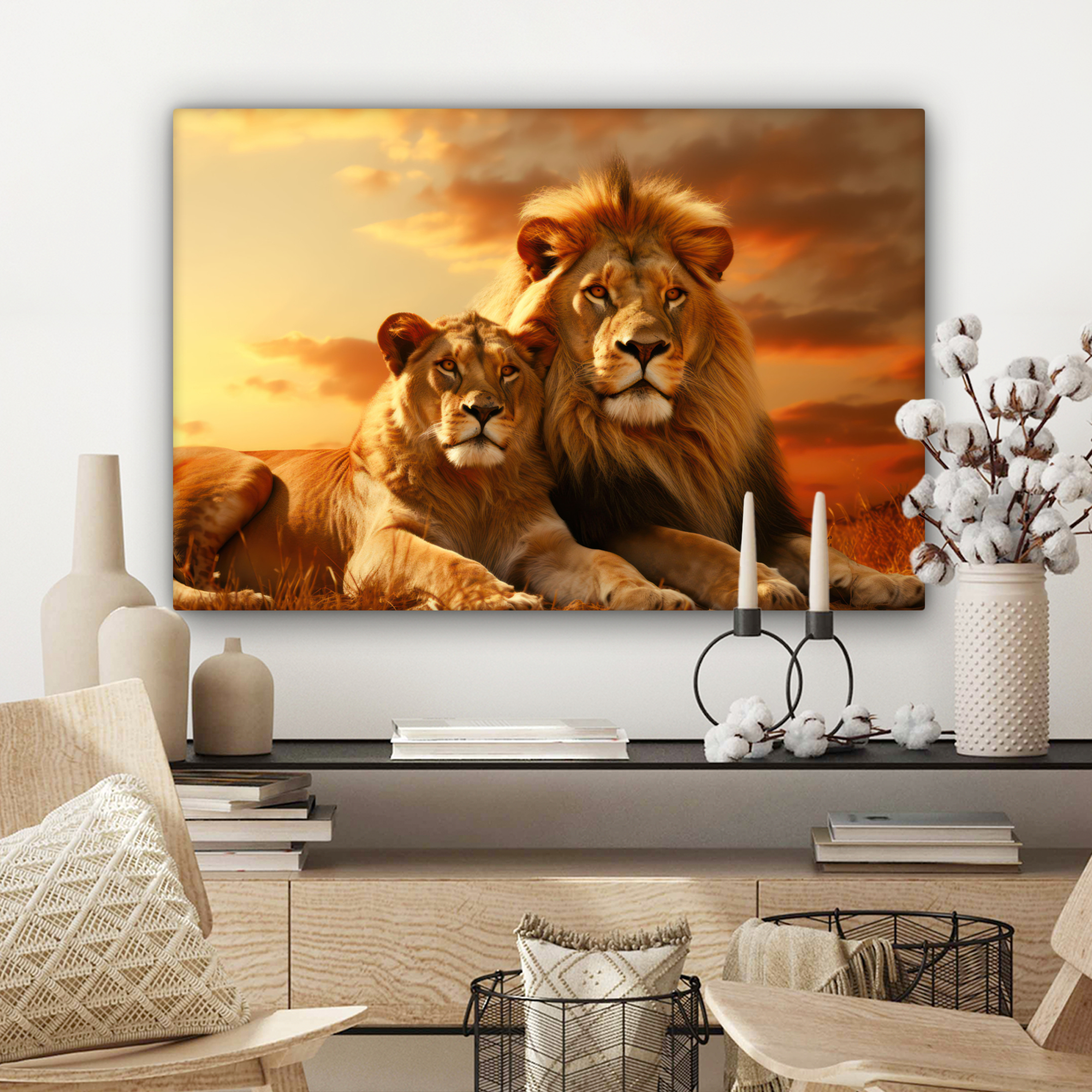Leinwandbild - Löwen - Sonnenuntergang - Afrika - Savanne - Tiere-3
