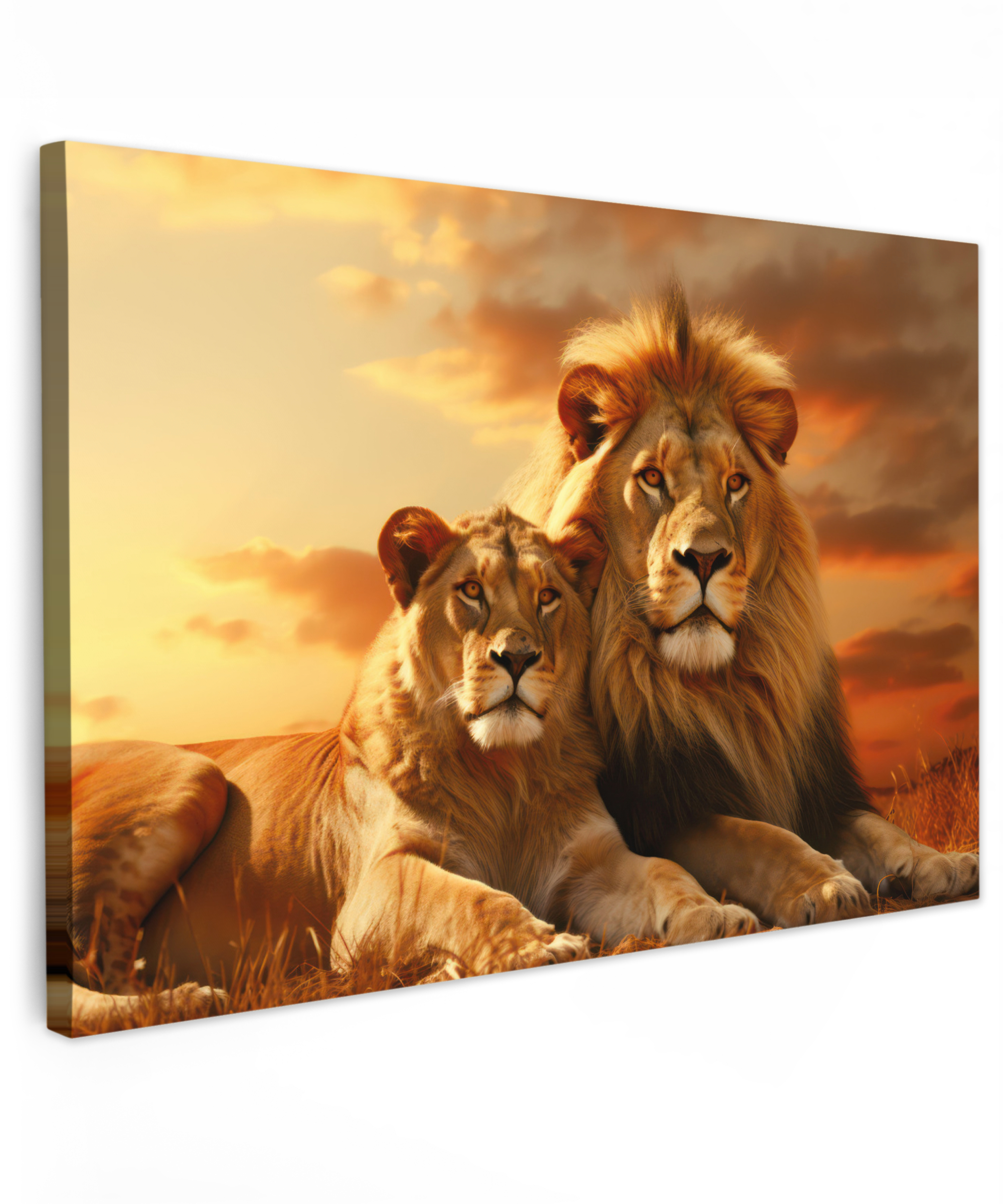 Canvas schilderij - Leeuwen - Zonsondergang - Afrika - Savanne - Dieren