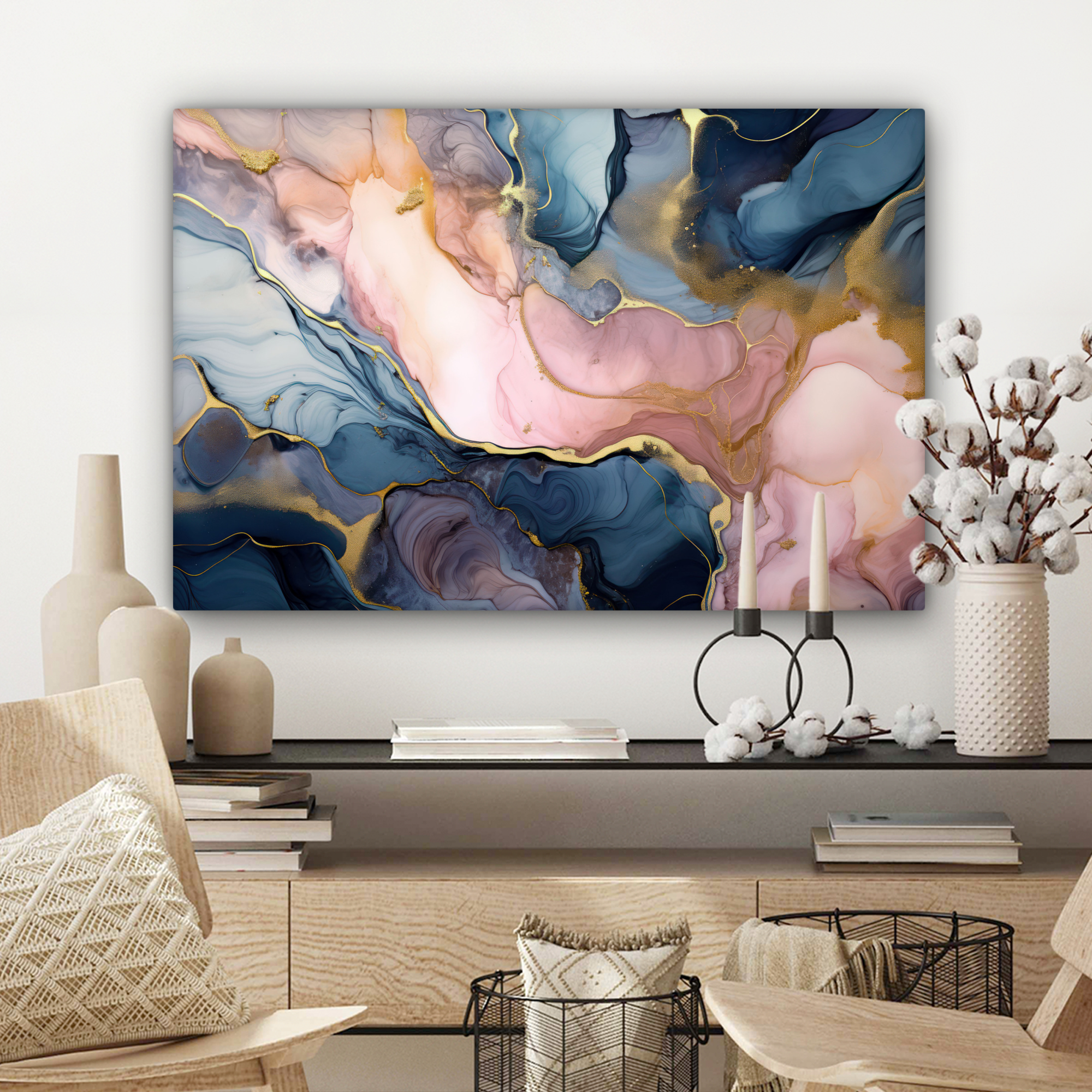 Canvas schilderij - Marmer - Roze - Blauw-3