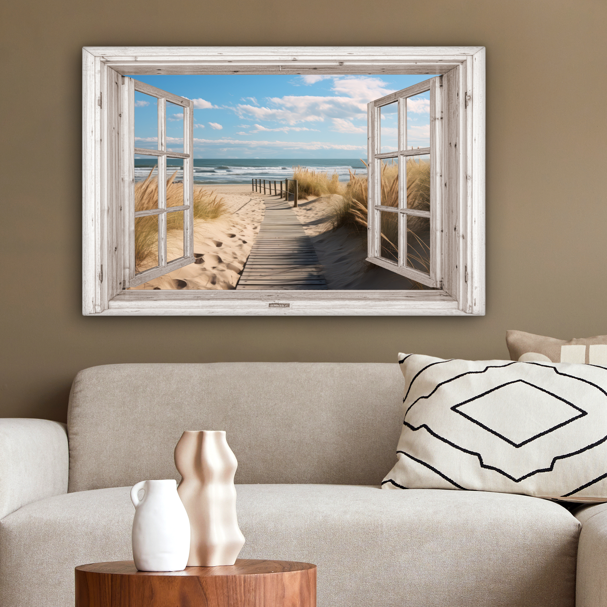 Tableau sur toile - Fenêtre - Mer - Côte - Nature - Vue à travers - Plage - Mer des Wadden-2