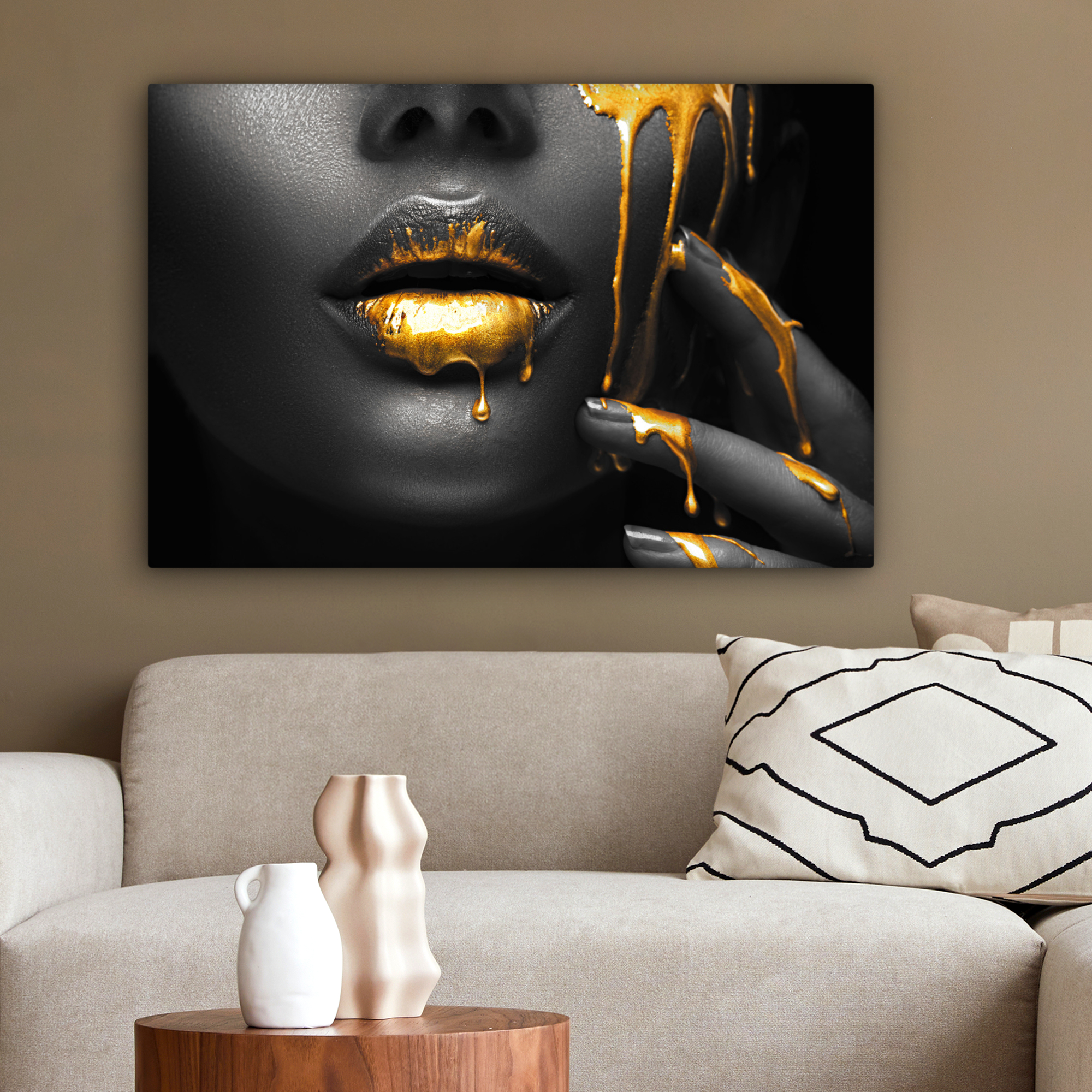 Canvas schilderij - Vrouw - Zwart - Goud - Gezicht - Lippen-2