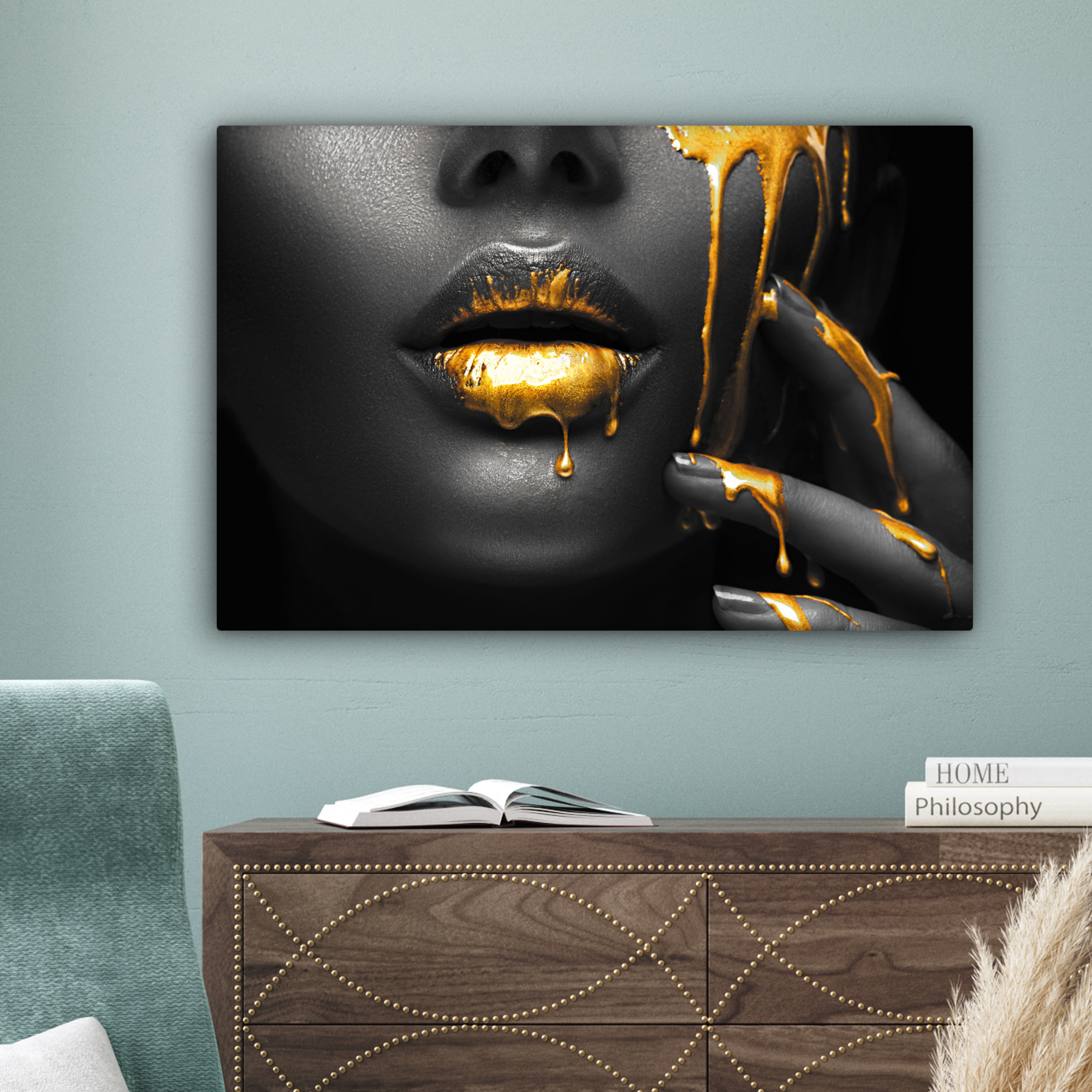 Leinwandbild - Frau - Schwarz - Gold - Gesicht - Lippen-4