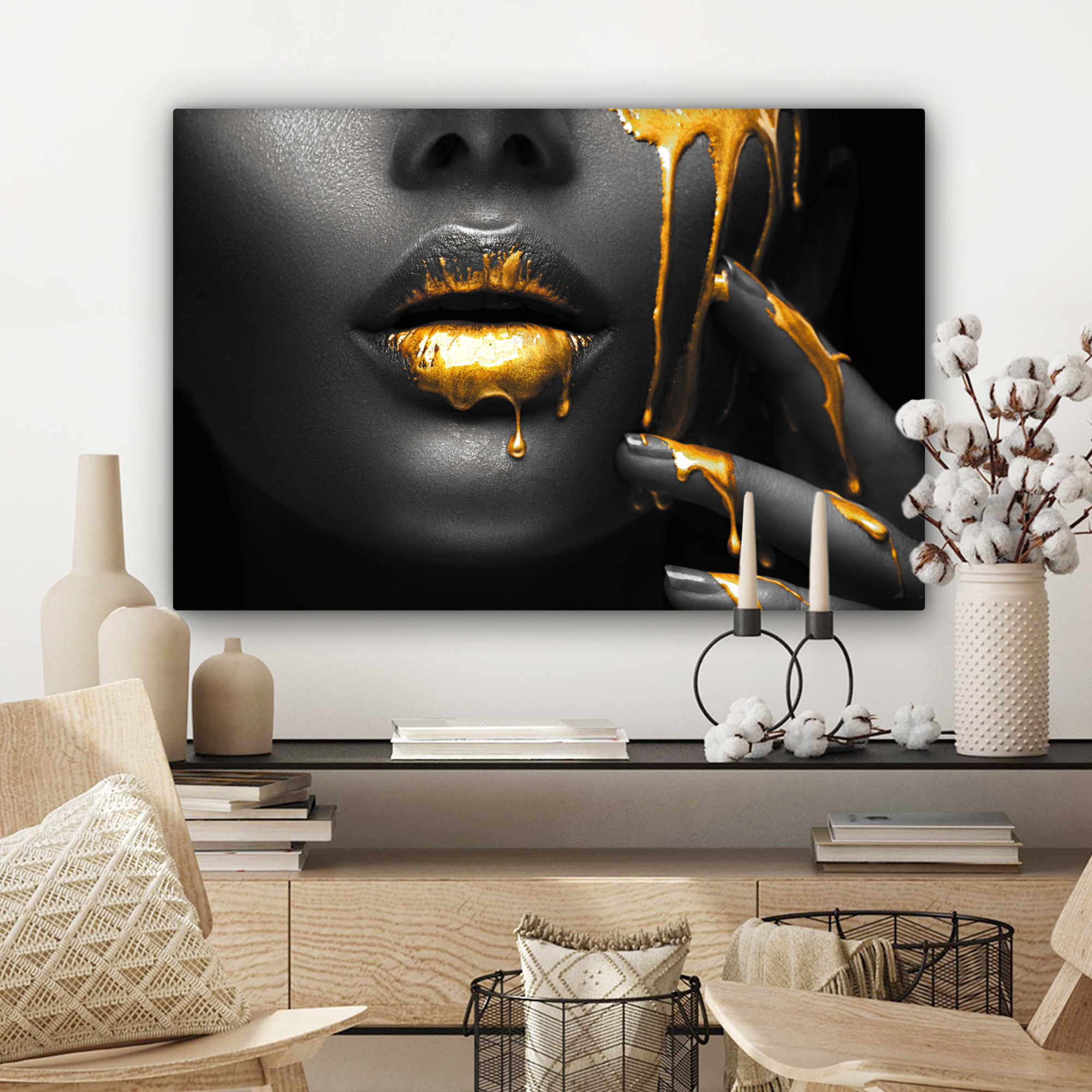 Leinwandbild - Frau - Schwarz - Gold - Gesicht - Lippen-3