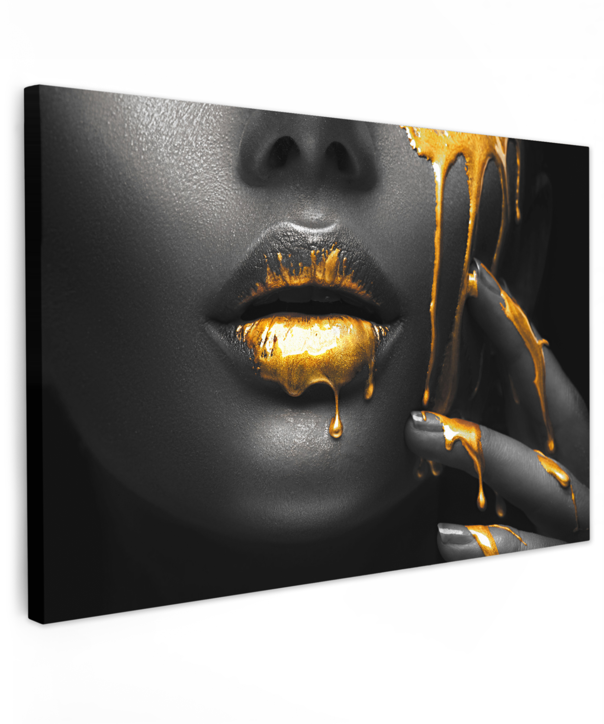 Canvas schilderij - Vrouw - Zwart - Goud - Gezicht - Lippen