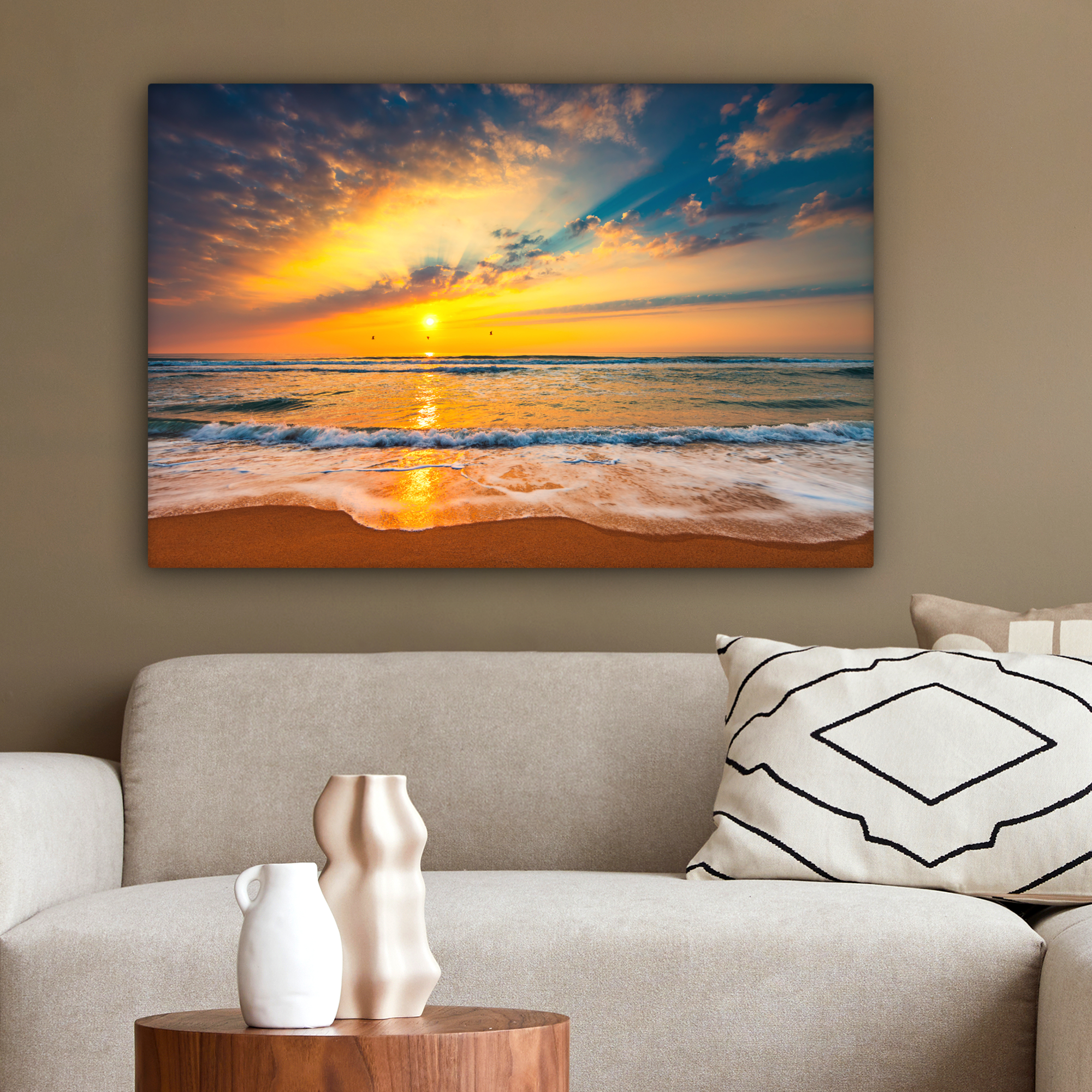 Canvas schilderij - Zonsondergang - Strand - Zee - Wolken - Oranje-2