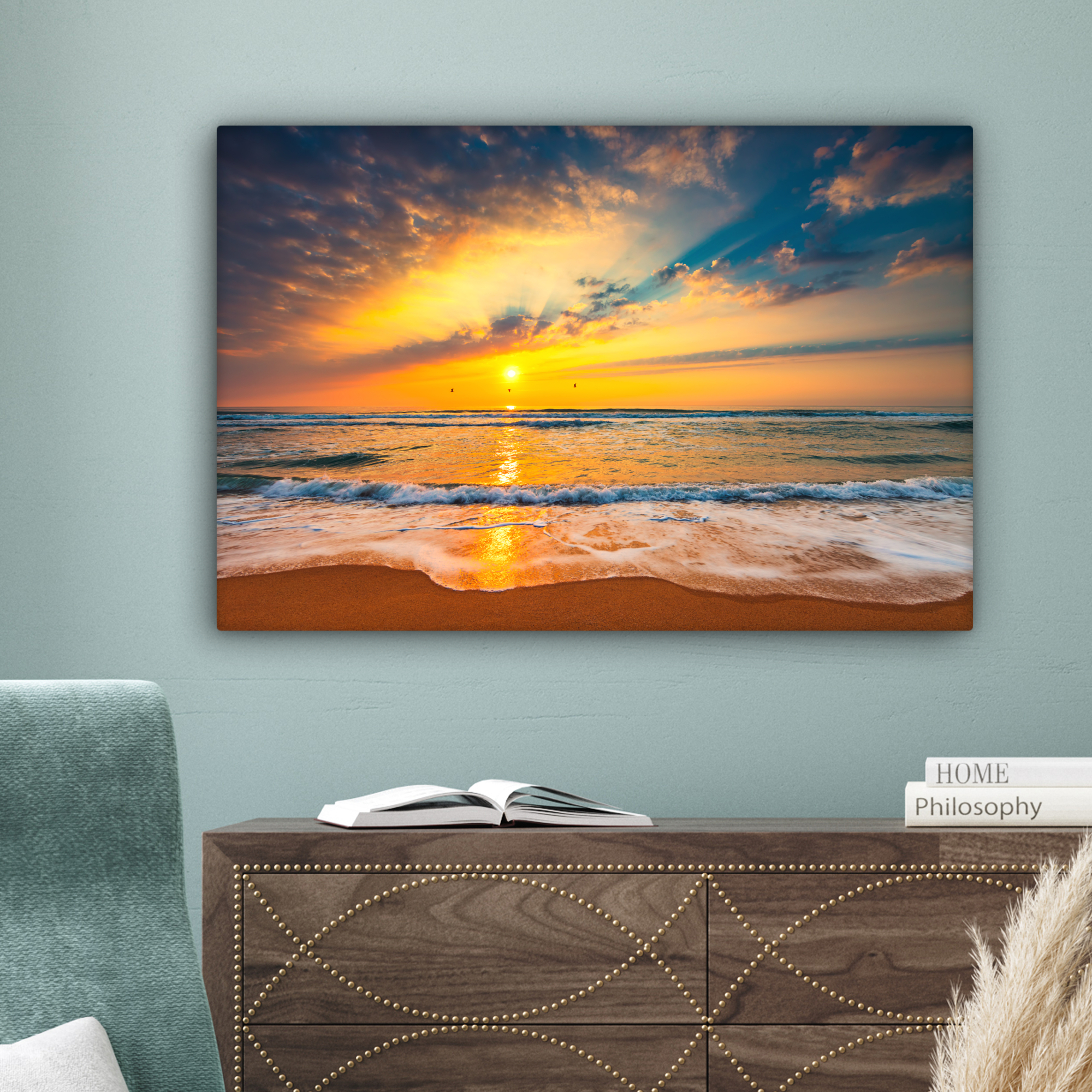 Canvas schilderij - Zonsondergang - Strand - Zee - Wolken - Oranje-4