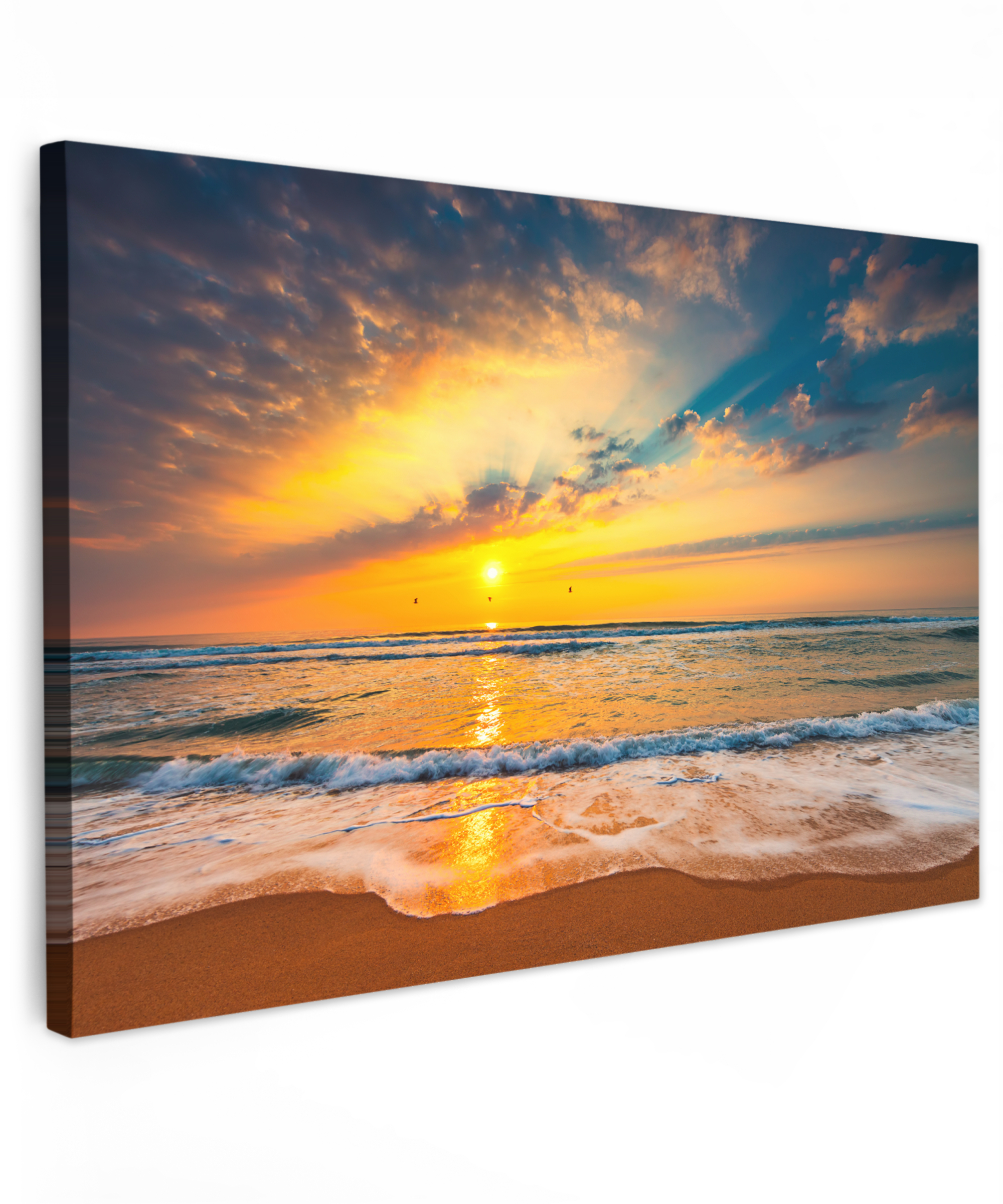 Leinwandbild - Sonnenuntergang - Strand - Meer - Wolken - Orange