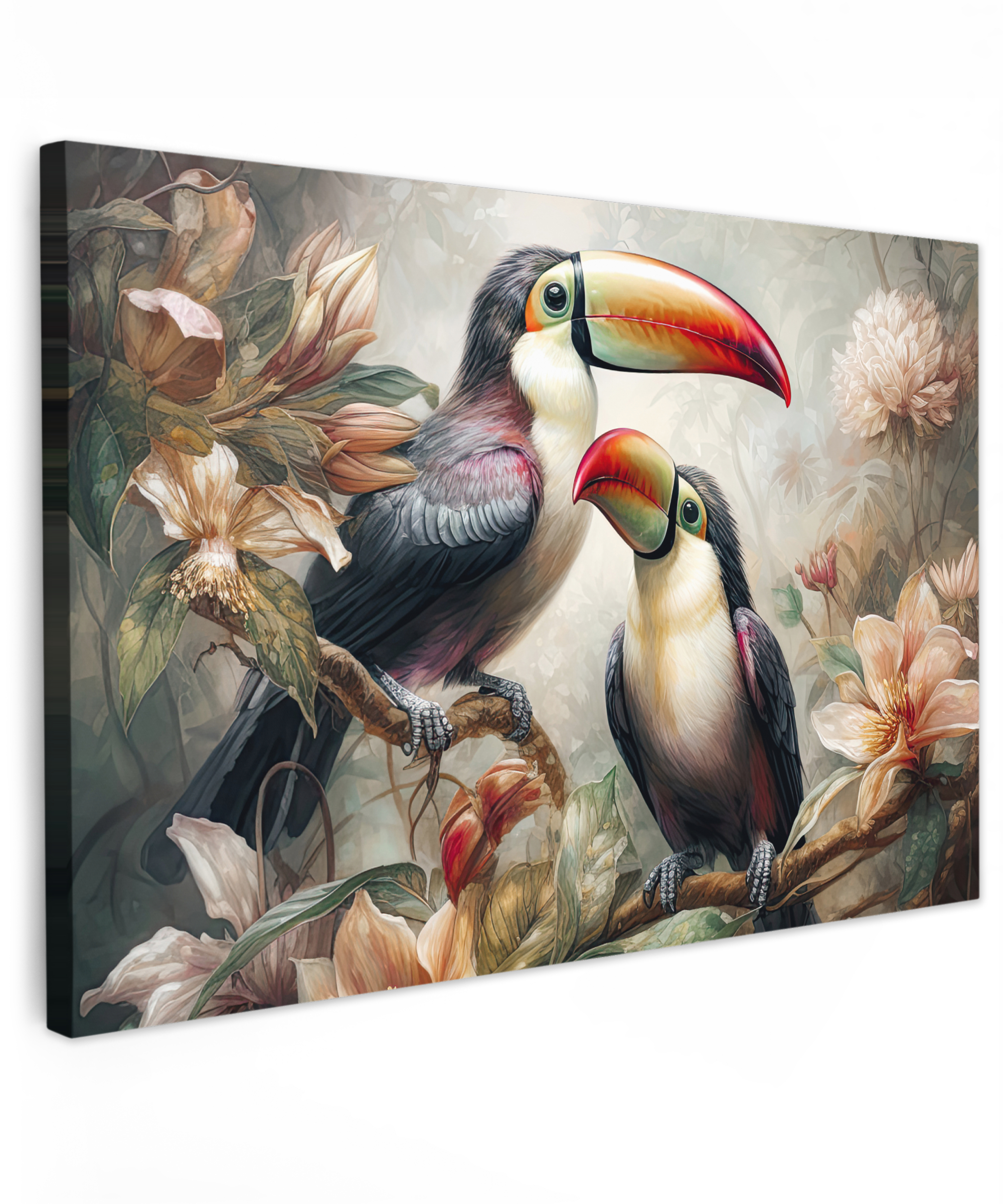 Canvas schilderij - Toekan - Vogels - Bloemen - Jungle