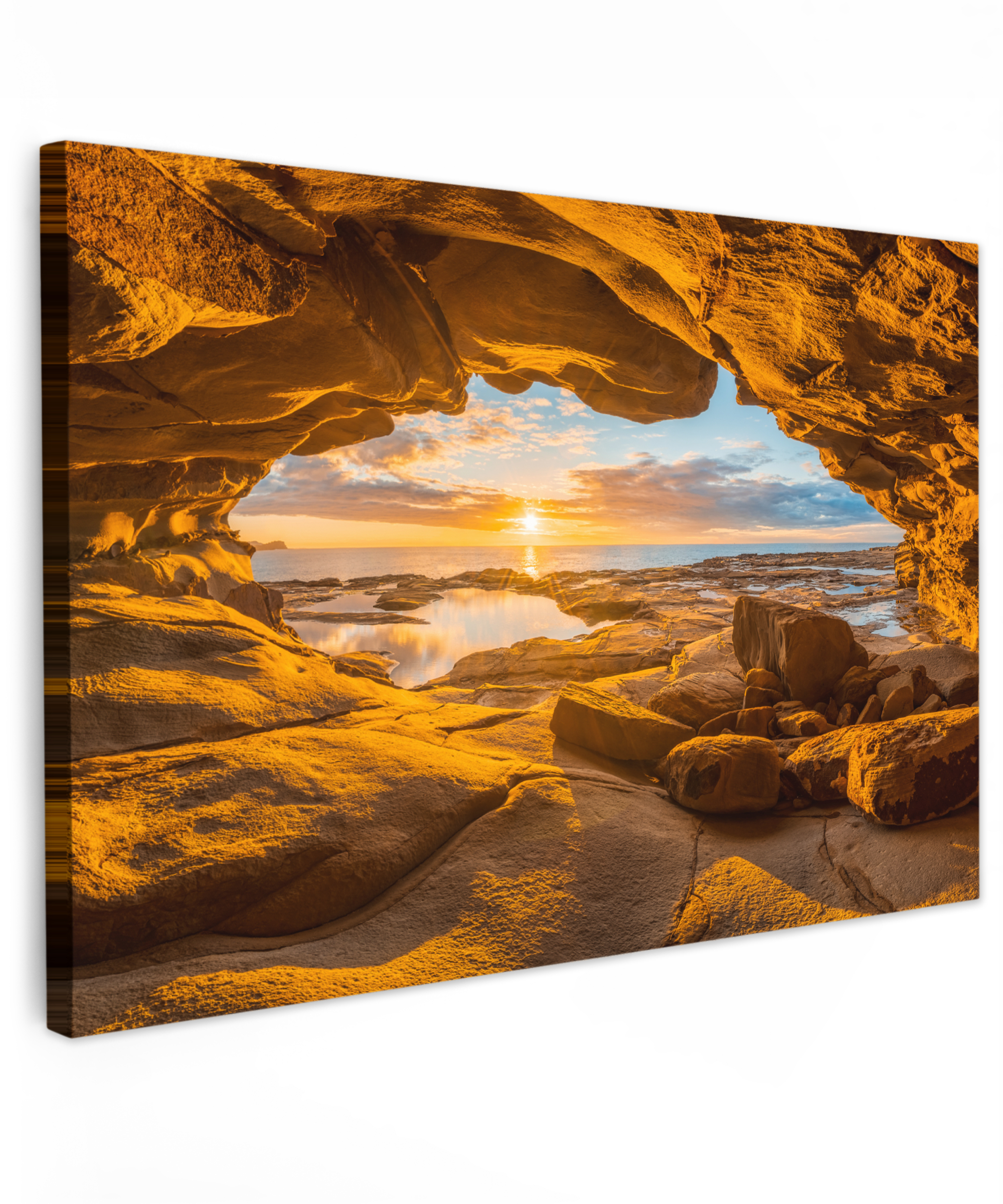 Leinwandbild - Höhle - Meer - Horizont - Sonnenuntergang