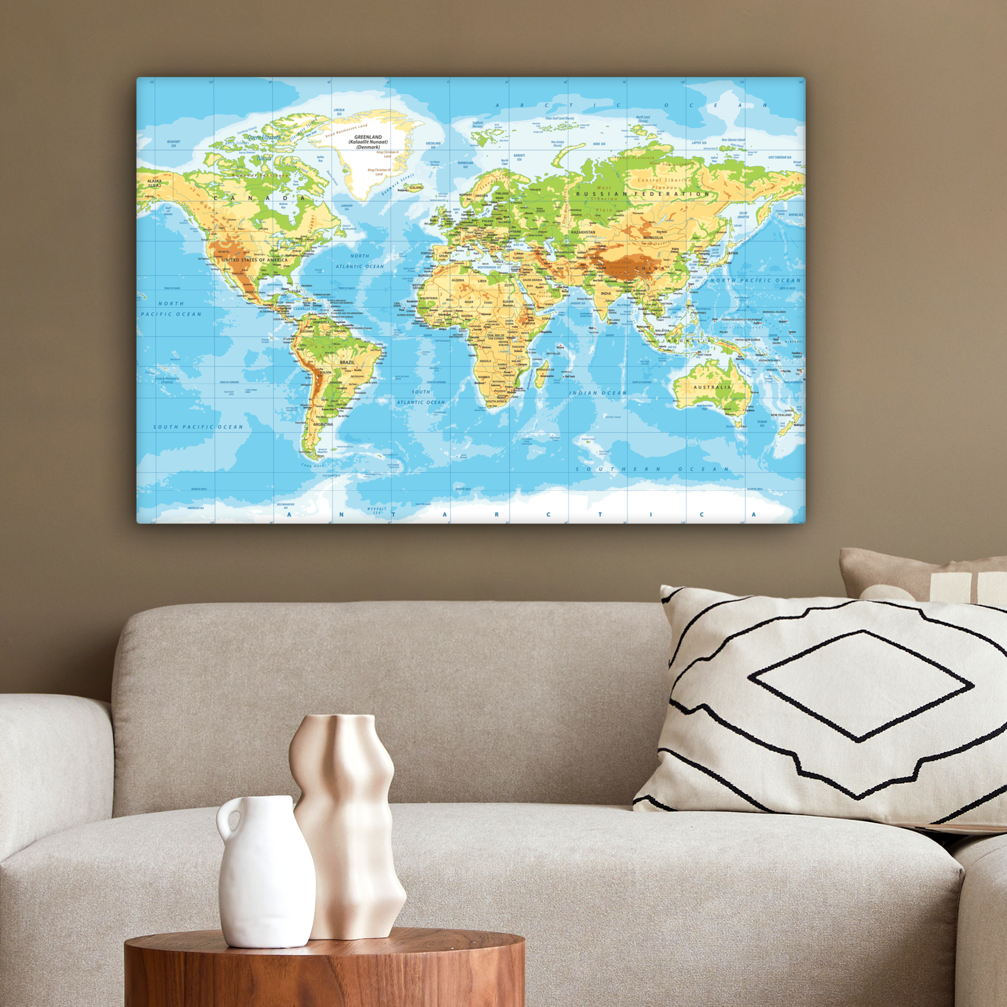 Tableau sur toile - Carte du monde - Politique - Bleu - Terre - Éducatif-2