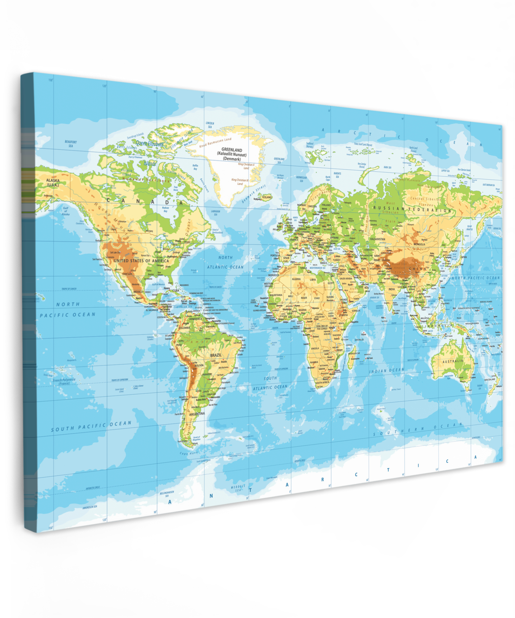 Tableau sur toile - Carte du monde - Politique - Bleu - Terre - Éducatif
