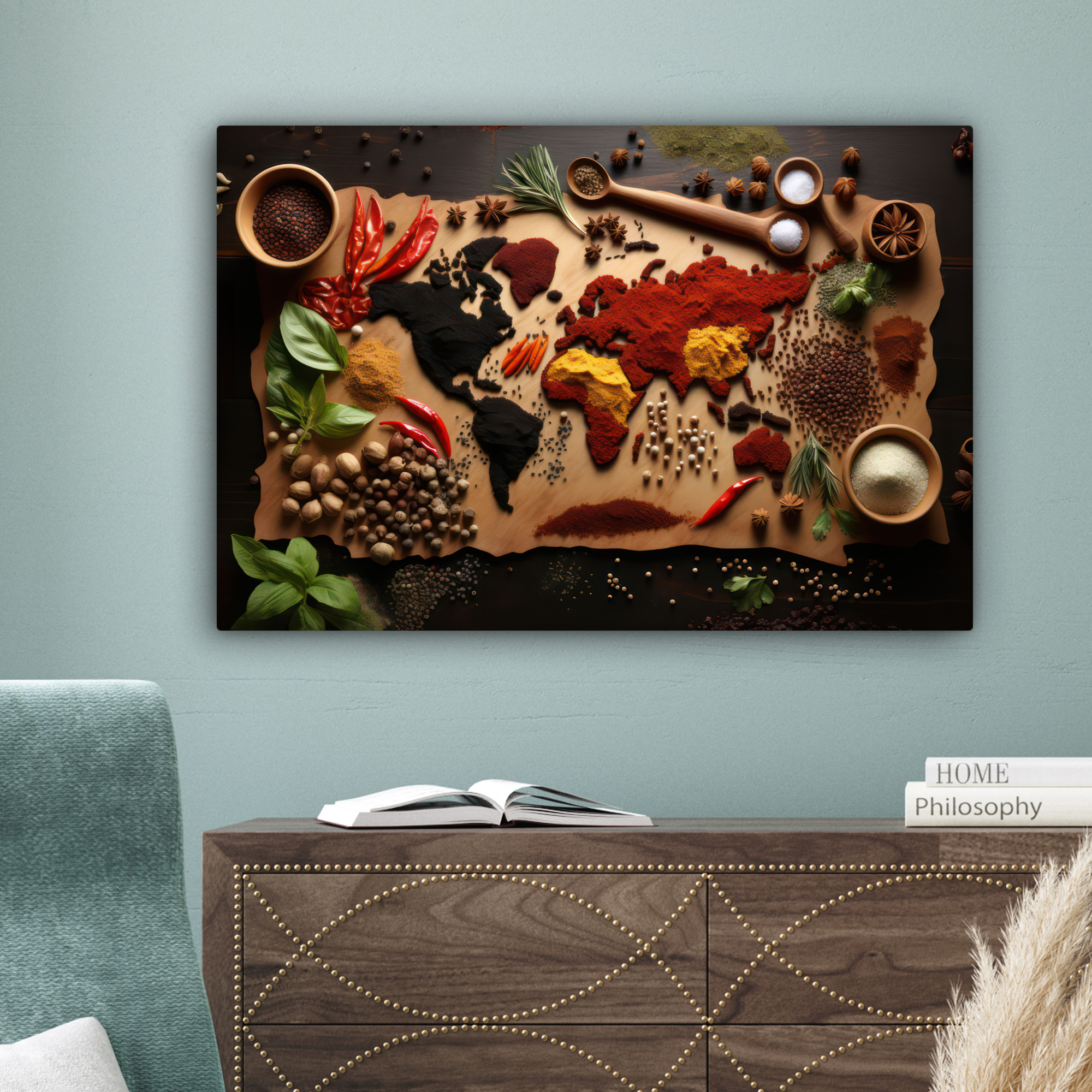 Tableau sur toile - Herbes - Épices - Carte du monde - Brun - Cuillère - Coloré-4