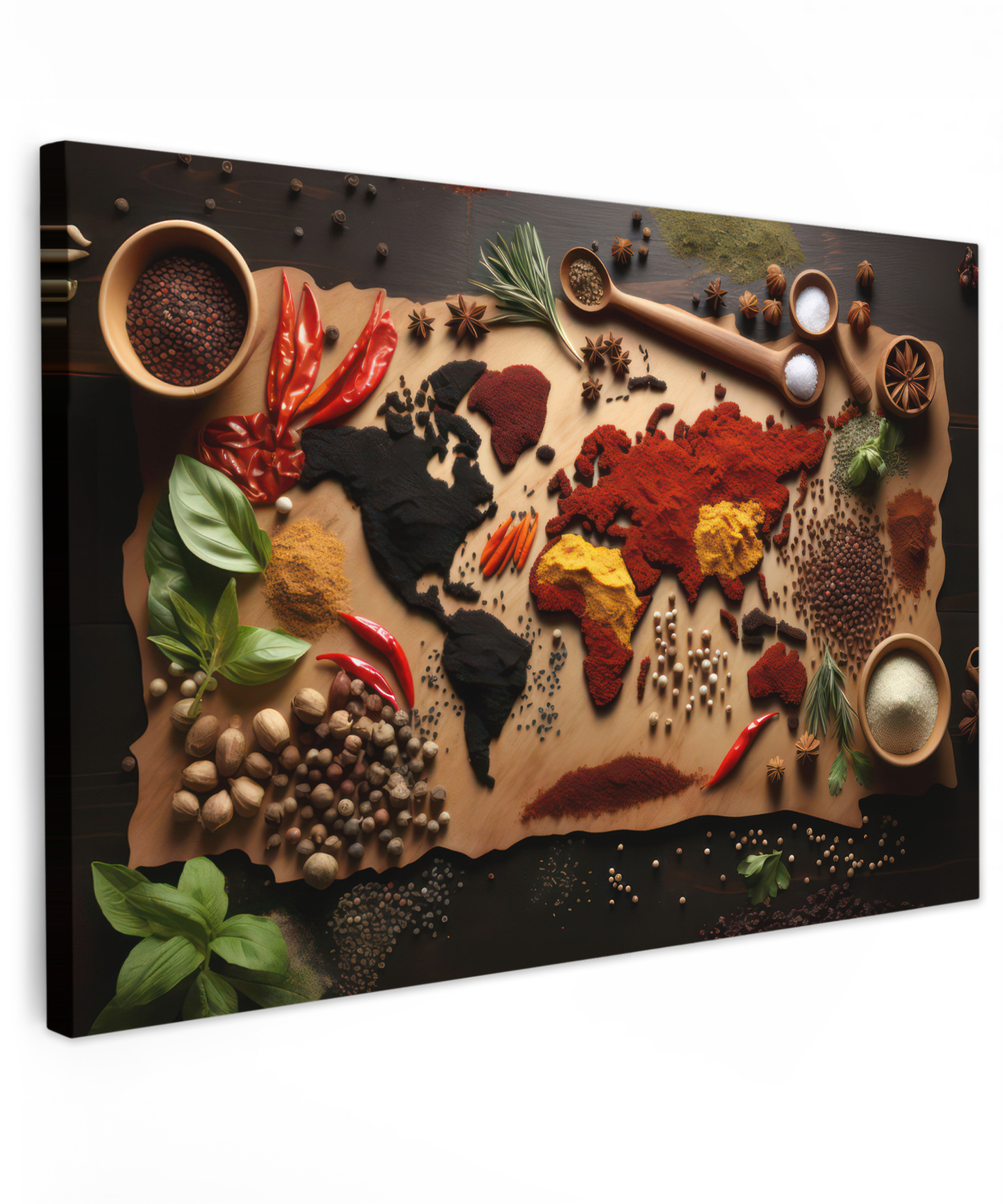 Tableau sur toile - Herbes - Épices - Carte du monde - Brun - Cuillère - Coloré