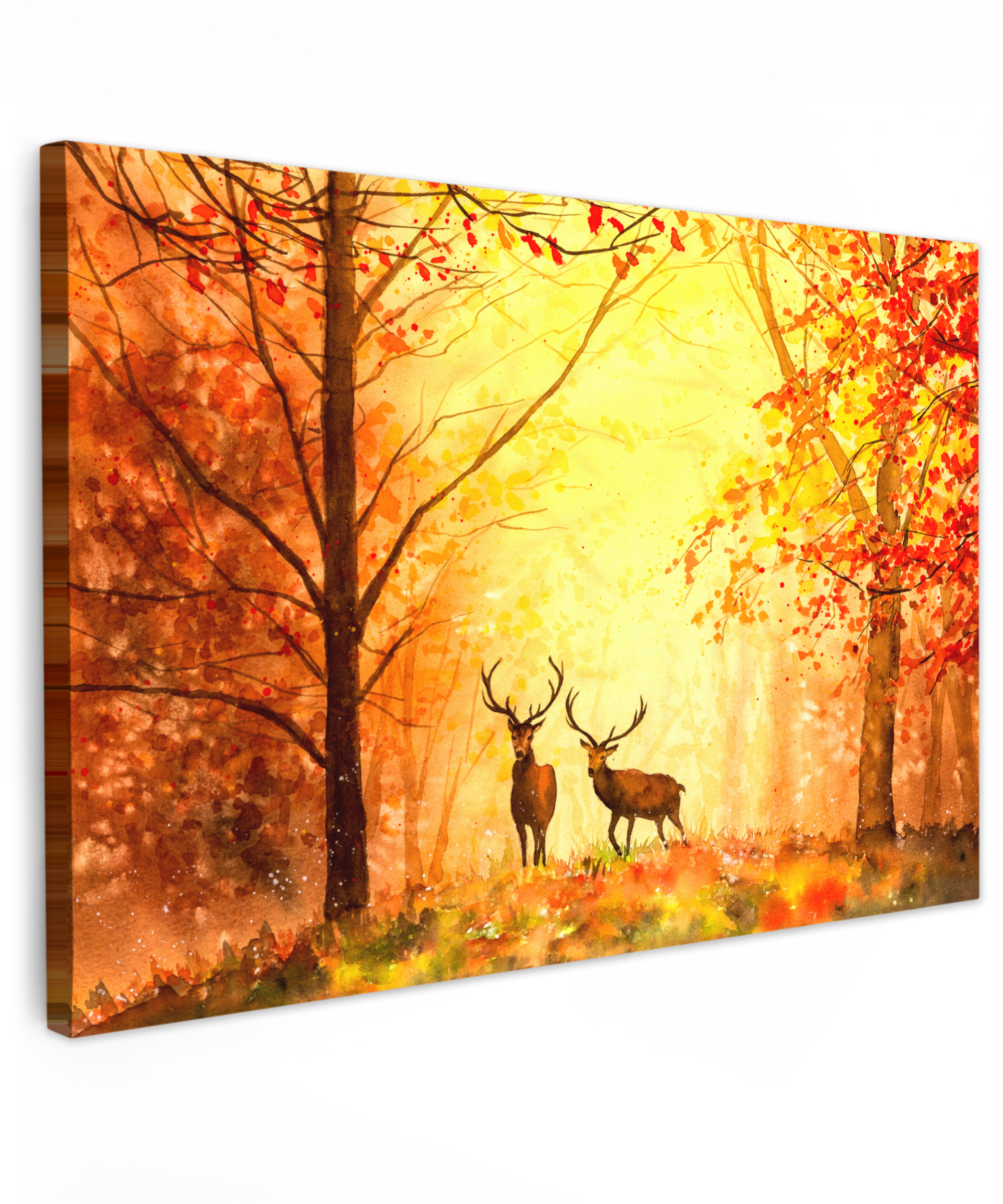 Canvas schilderij - Natuur - Olieverf - Hert - Dieren - Herfst - Oranje