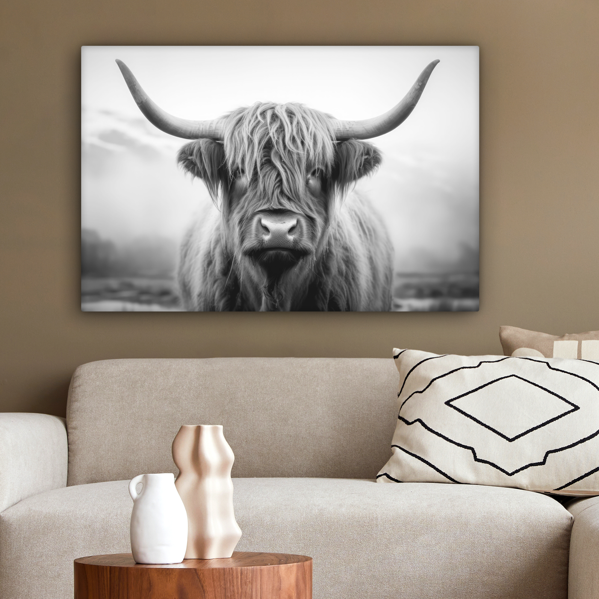 Tableau sur toile - Highlander écossais - Cornes - Fleur - Noir et blanc-2