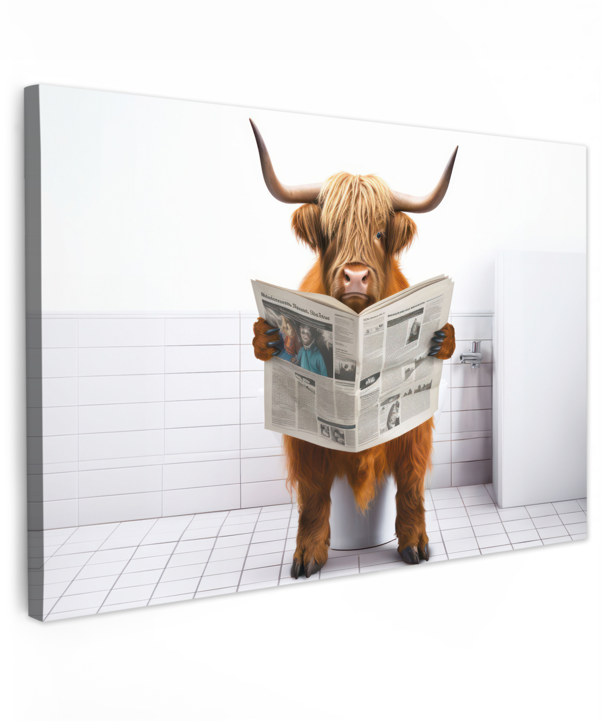 Leinwandbild - Schottischer Highlander - Zeitung - Toilette - WC - Weiß - Kuh