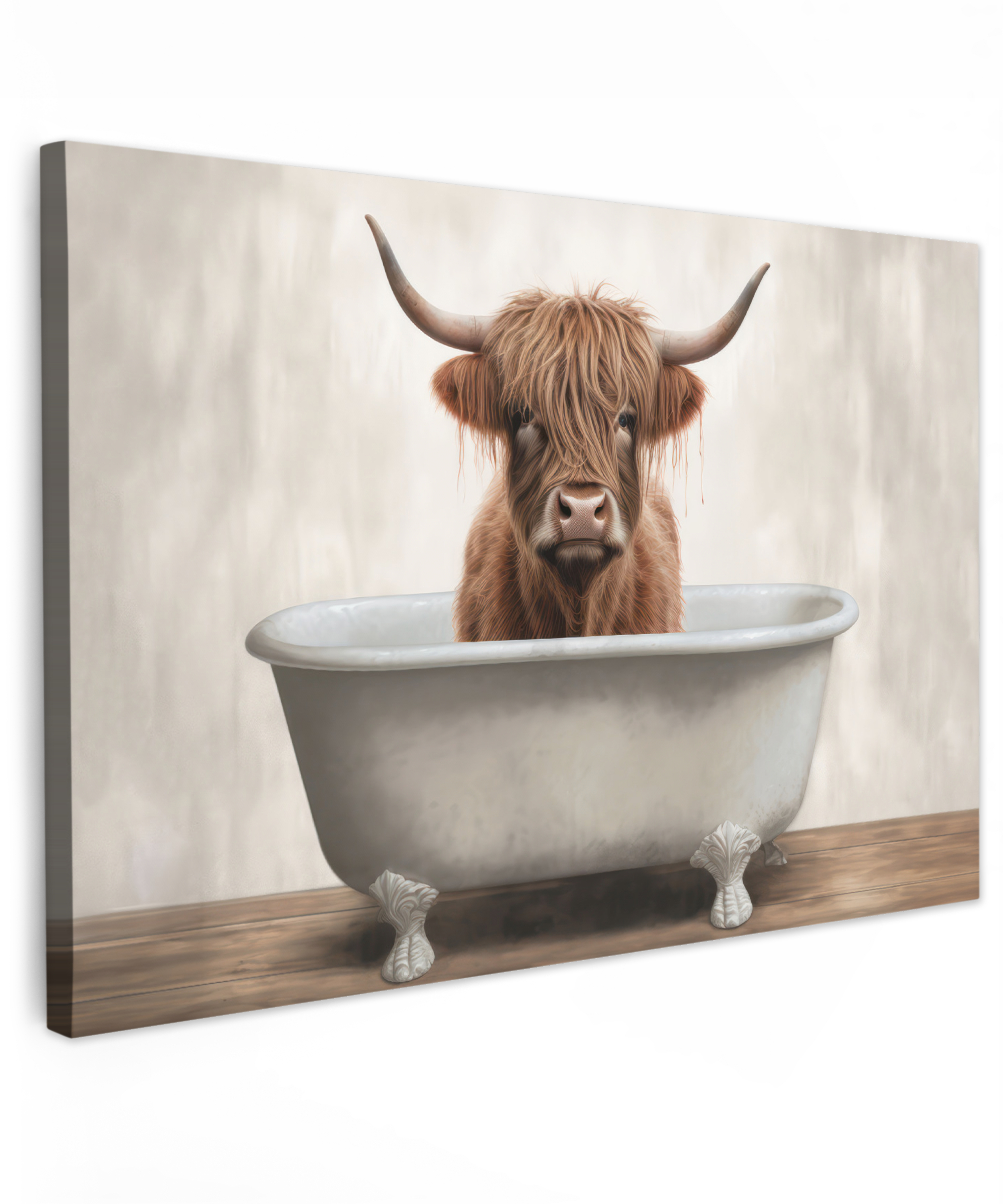 Tableau sur toile - Highlander écossais - Bain - Salle de bain - Baignoire - Brun - Cornes