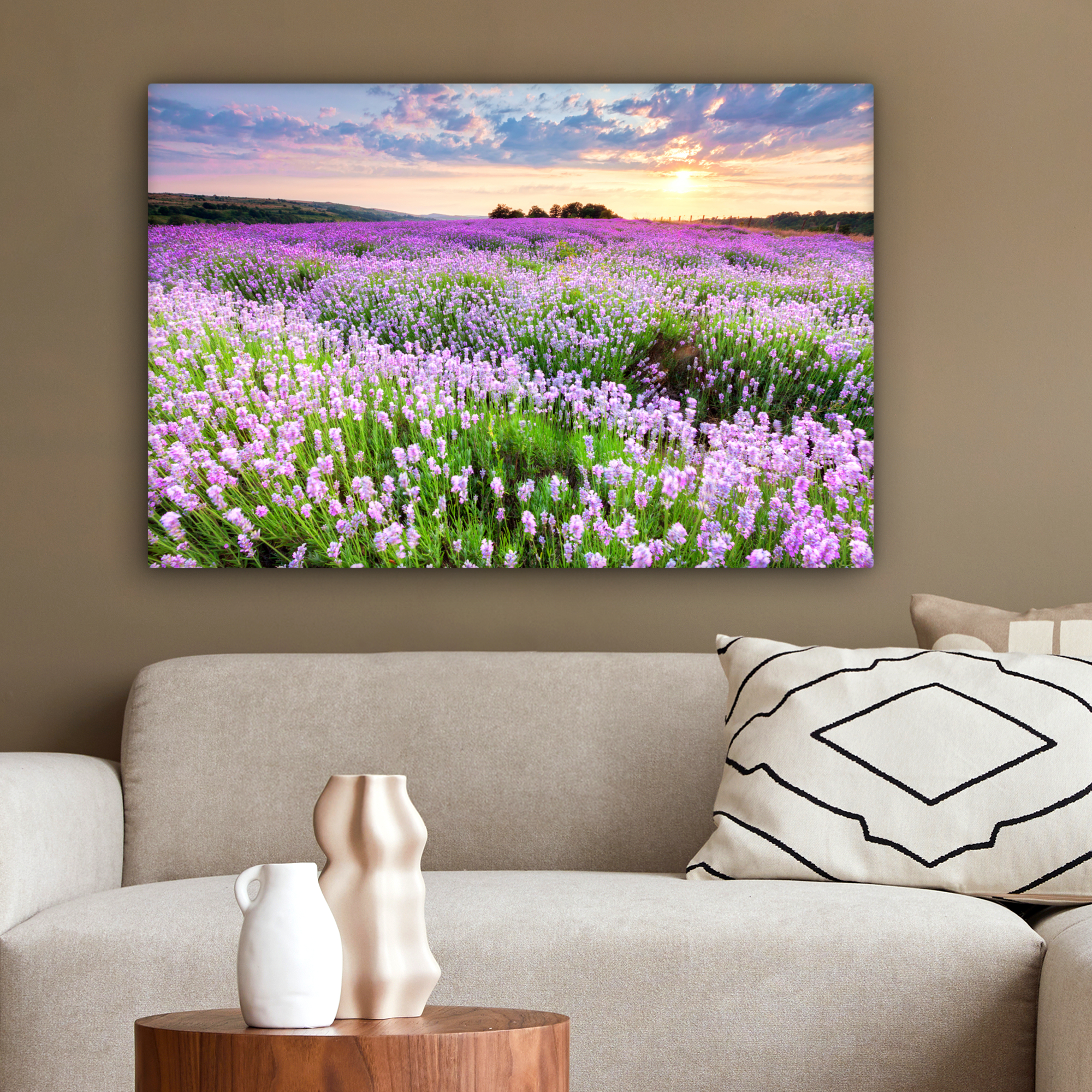 Canvas schilderij - Bloemen - Lavendel - Paars - Lucht - Zonsondergang - Weide - Natuur-2