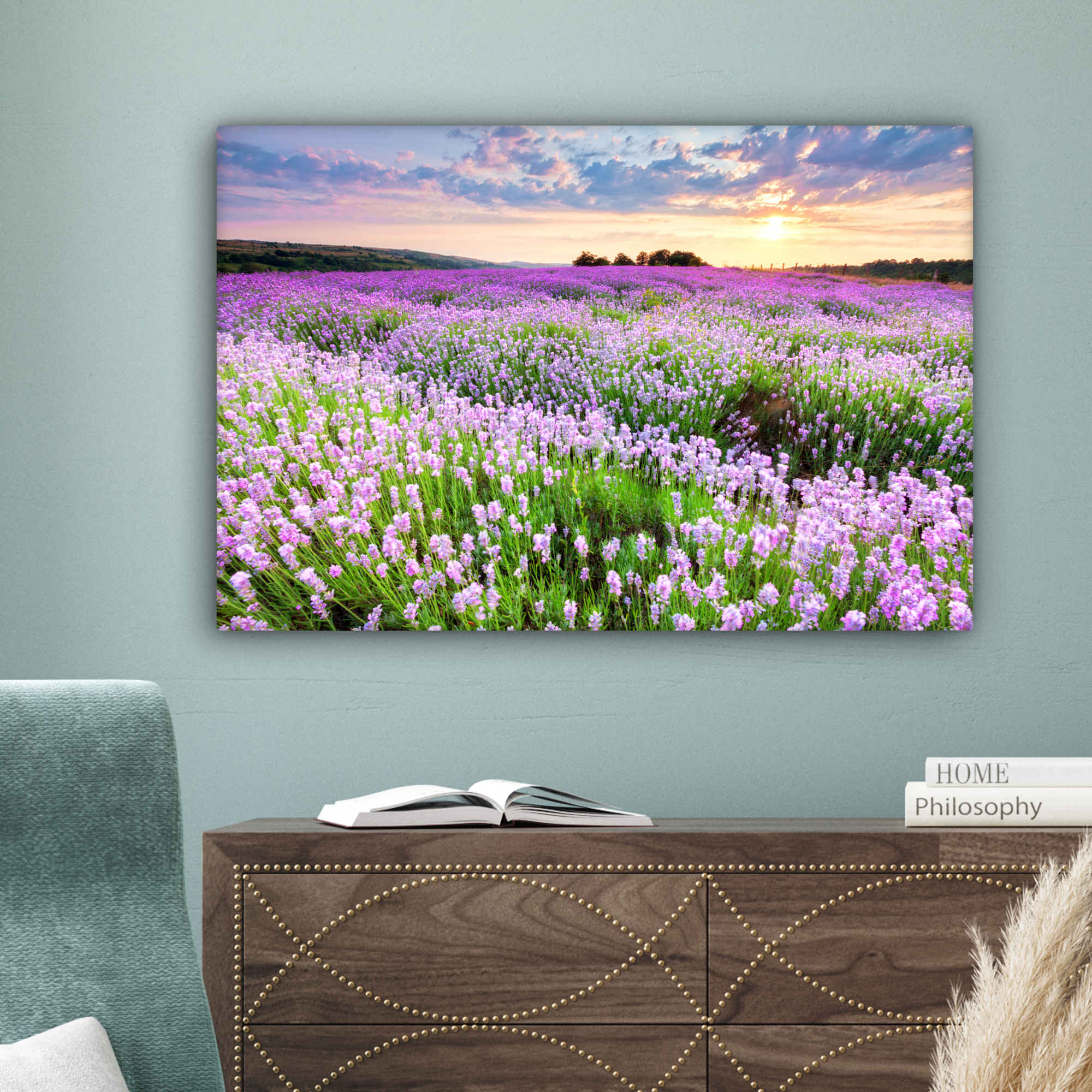 Canvas schilderij - Bloemen - Lavendel - Paars - Lucht - Zonsondergang - Weide - Natuur-4