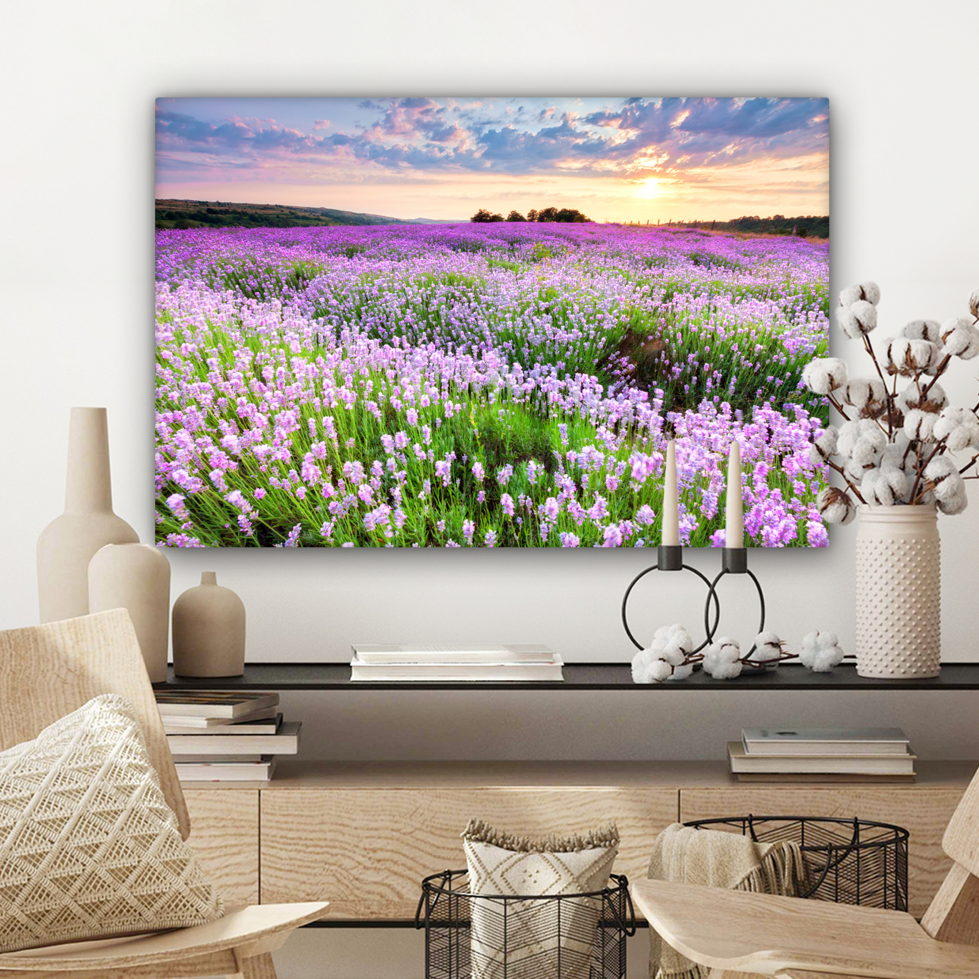 Canvas schilderij - Bloemen - Lavendel - Paars - Lucht - Zonsondergang - Weide - Natuur-3