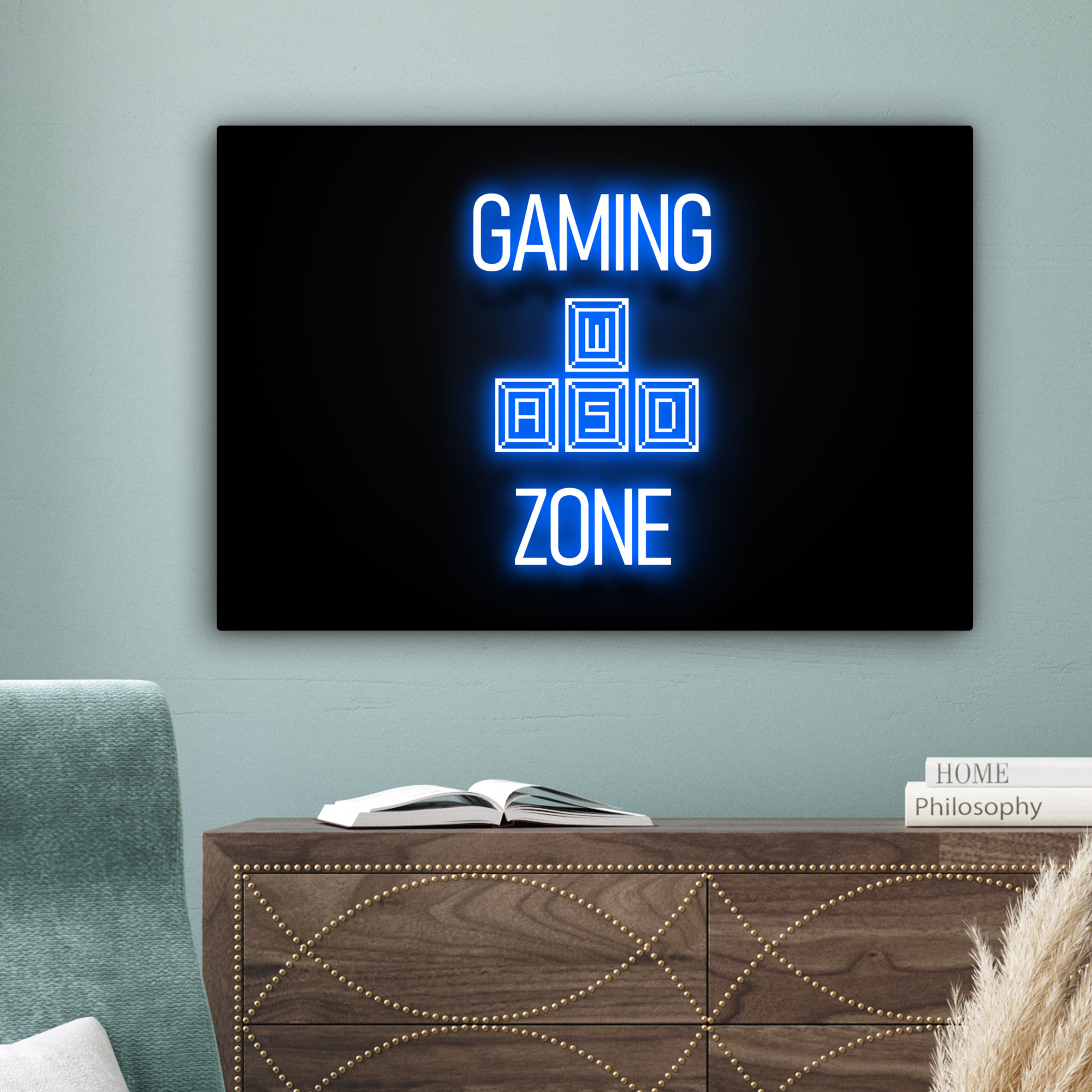 Canvas schilderij - Gaming - Tekst - Gaming zone - Neon - Blauw-4