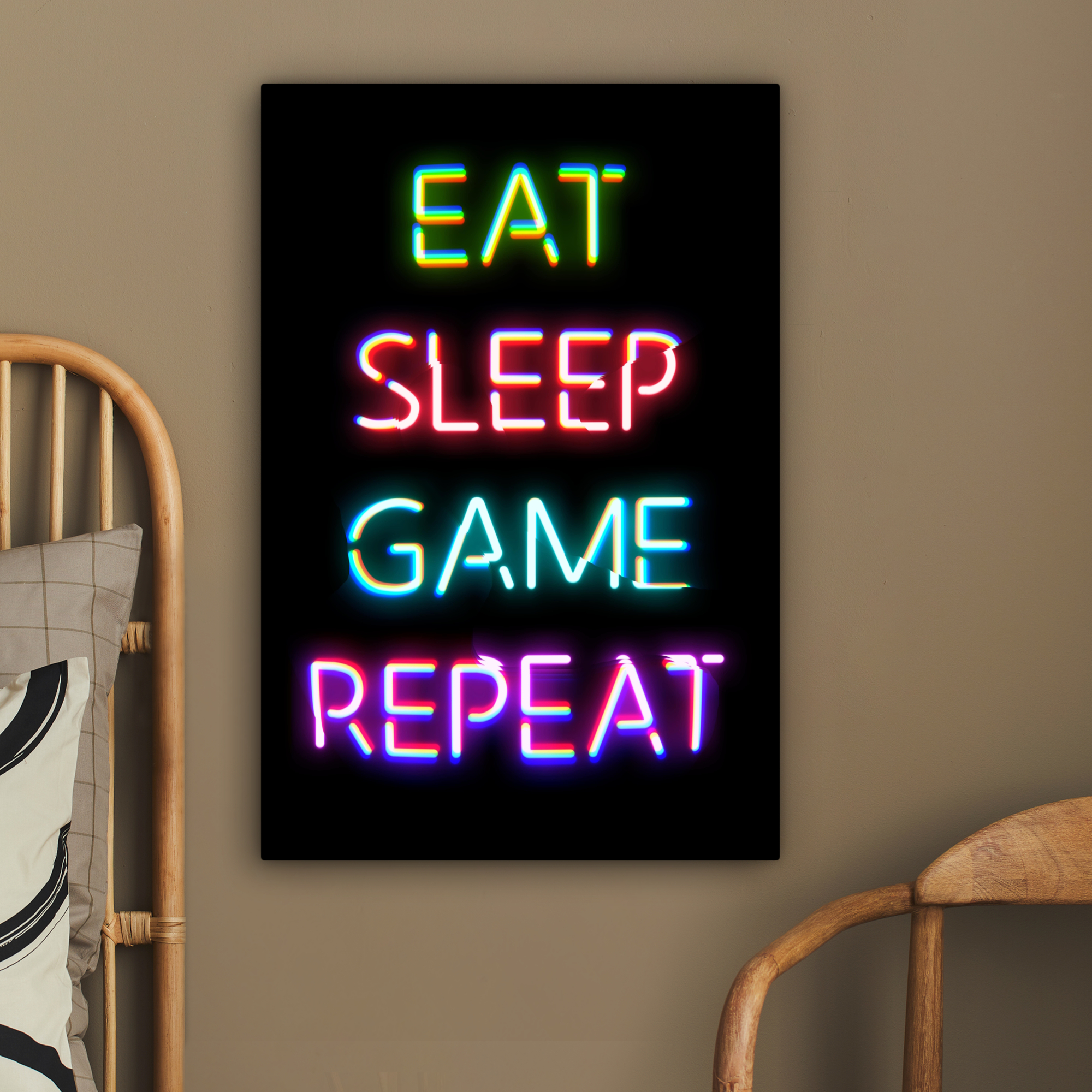 Leinwandbild - Gaming - LED - Zitat - Essen Schlafen Spiel Wiederholen - Spielen-2