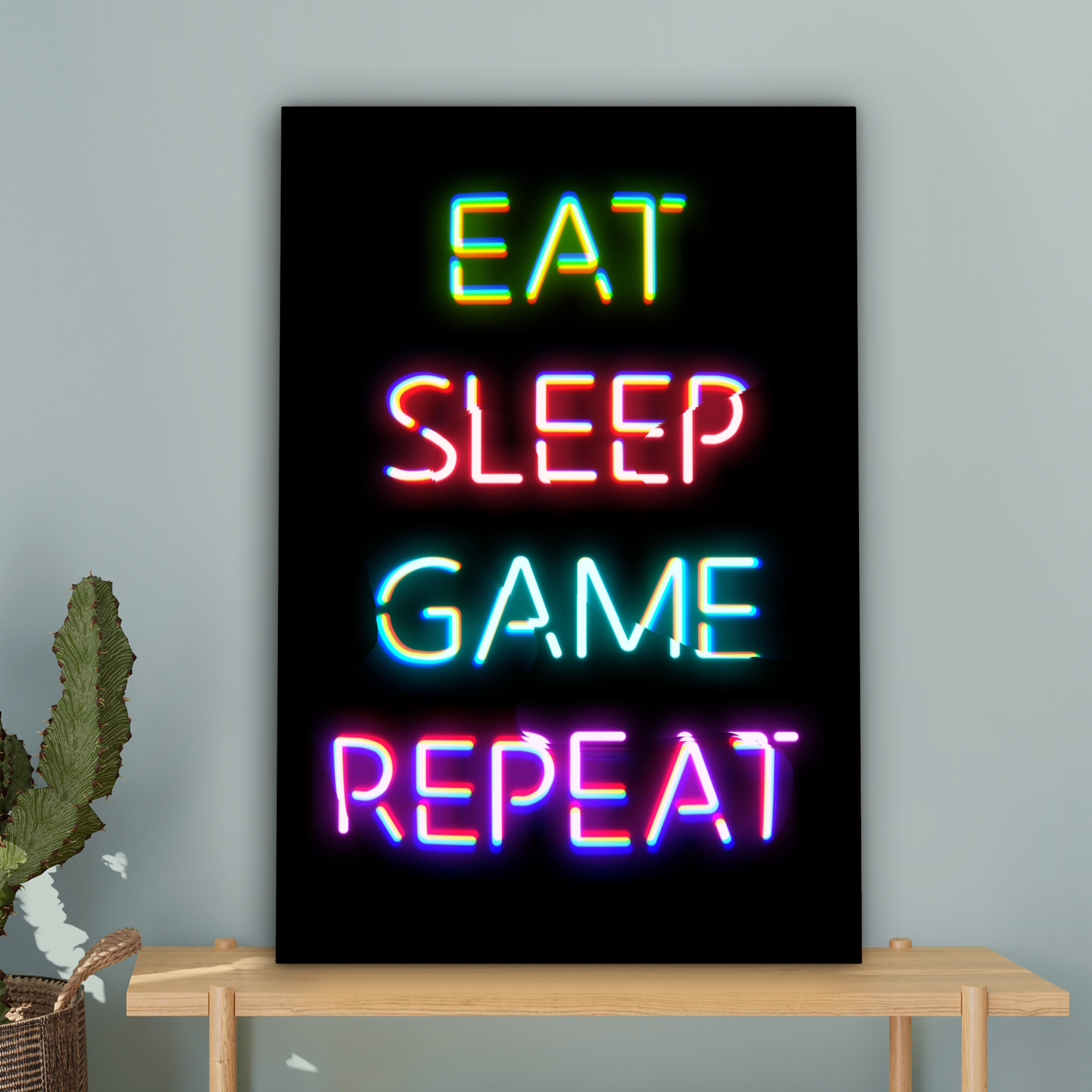Leinwandbild - Gaming - LED - Zitat - Essen Schlafen Spiel Wiederholen - Spielen-4
