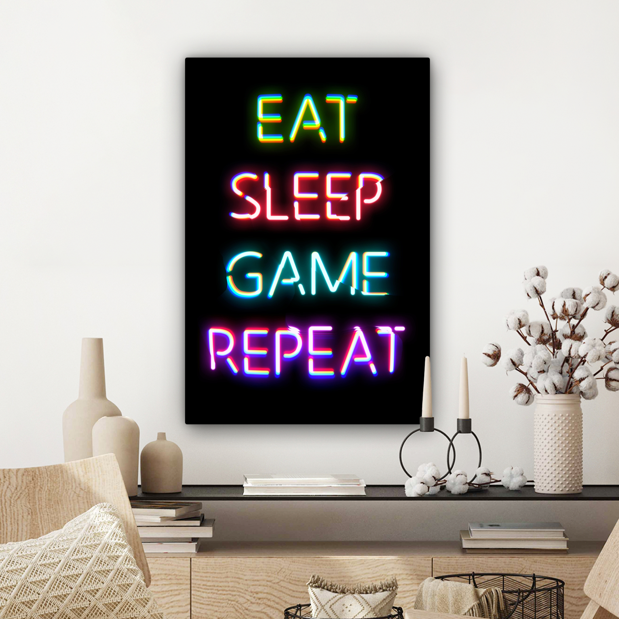 Leinwandbild - Gaming - LED - Zitat - Essen Schlafen Spiel Wiederholen - Spielen-3