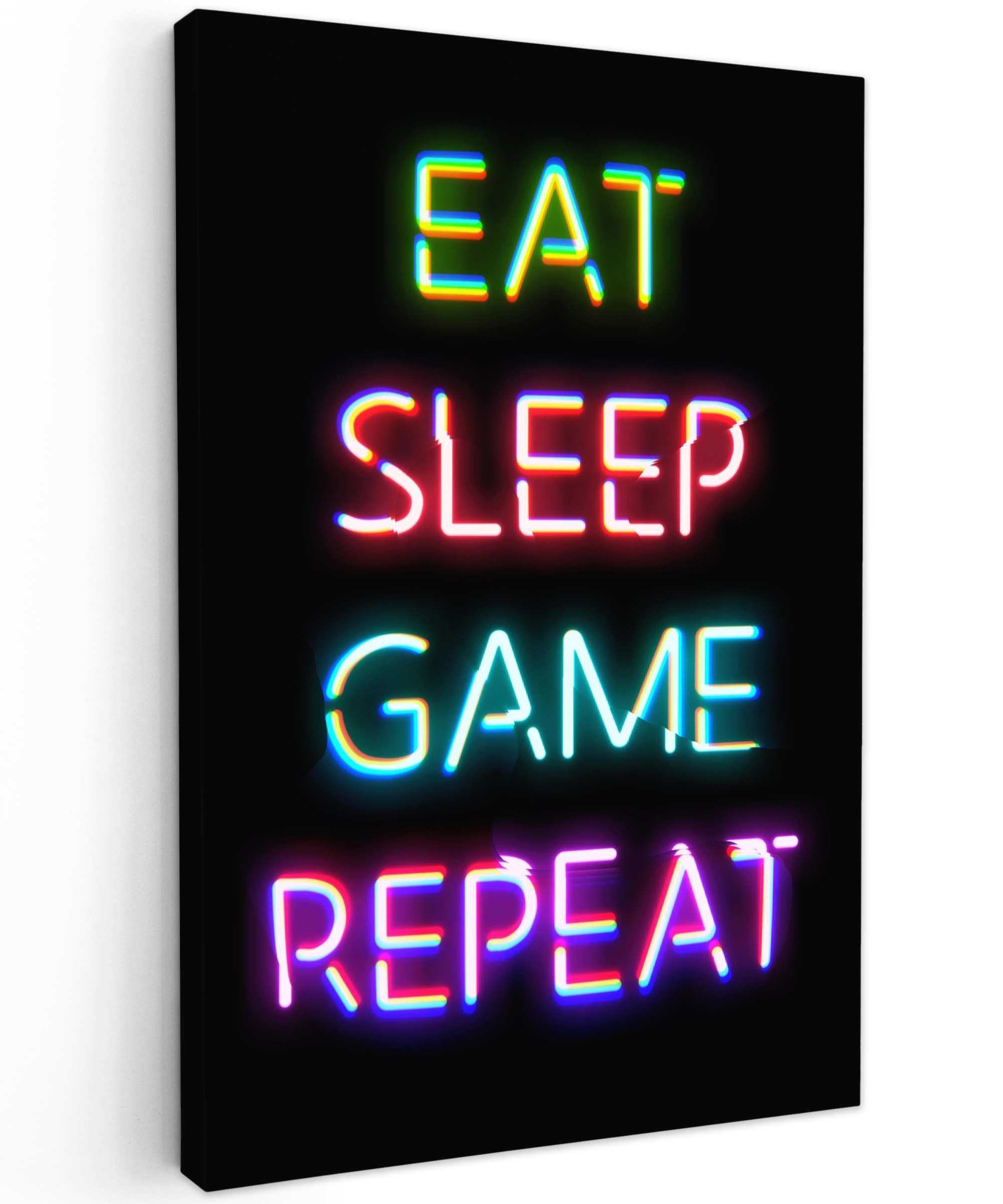 Leinwandbild - Gaming - LED - Zitat - Essen Schlafen Spiel Wiederholen - Spielen