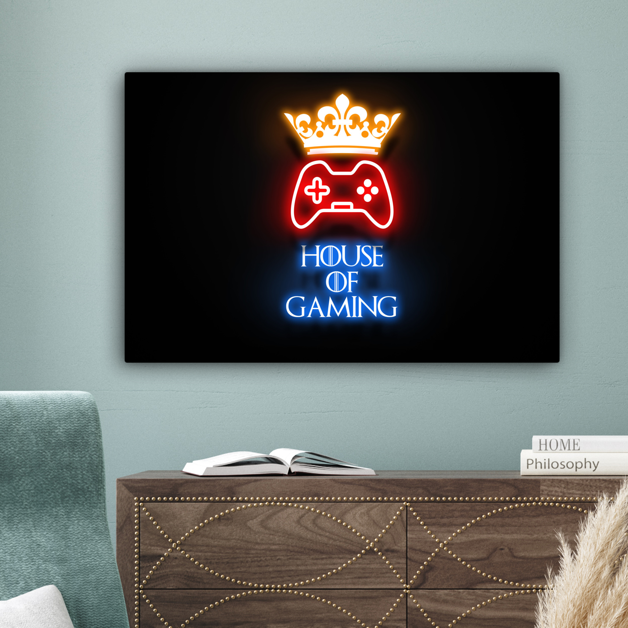 Canvas schilderij - Gaming quotes - Neon - House of gaming - Kroon - Tekst-4