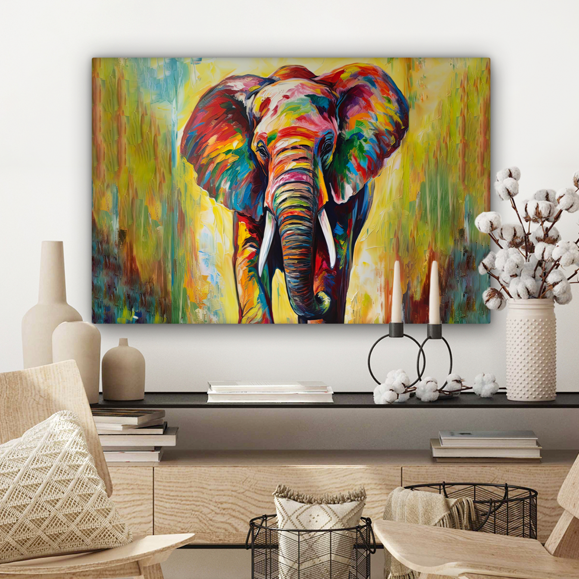 Leinwandbild - Elefant - Kunst - Gemälde - Tiere - Regenbogen-3