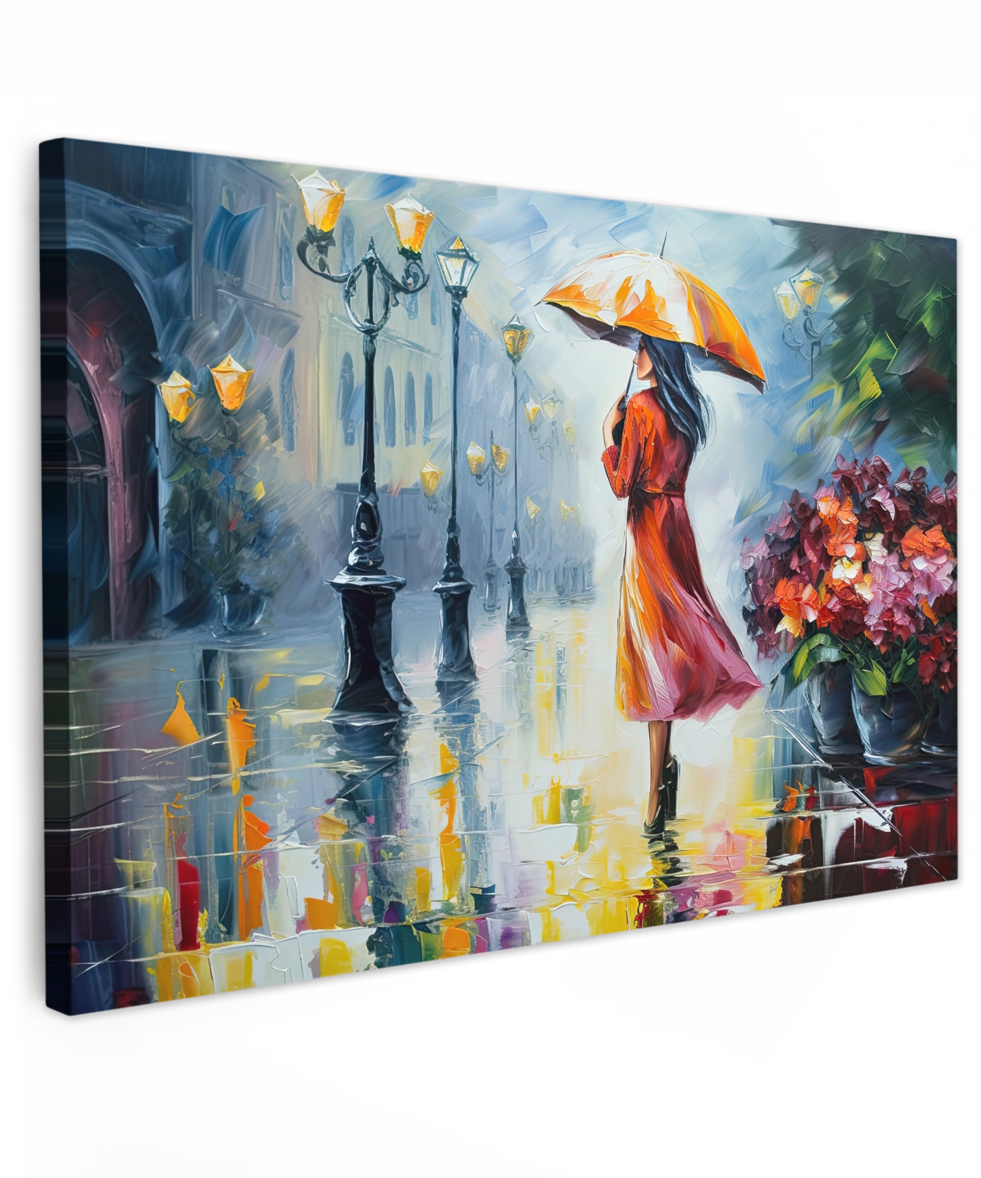 Tableau sur toile - Peinture à l'huile - Parapluie - Femme - Rue - Art