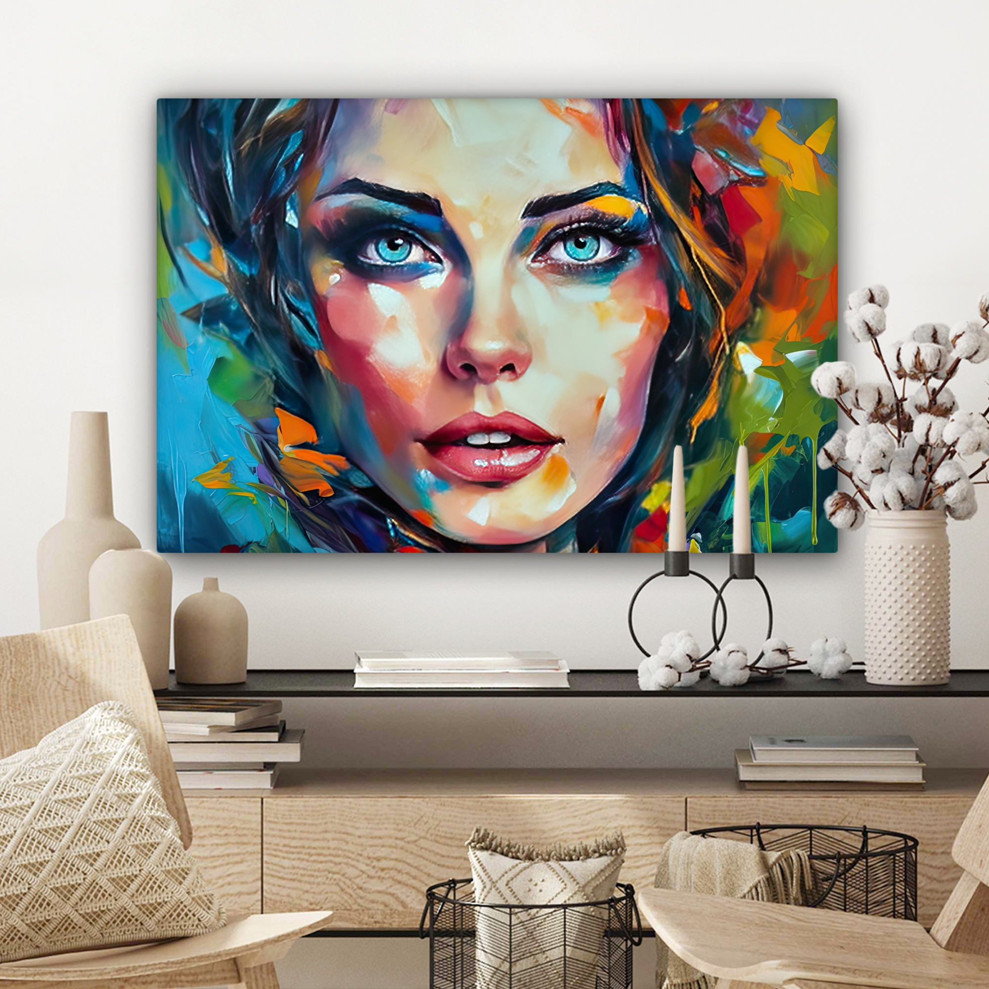 Tableau sur toile - Visage - Femme - Peinture à l'huile - Coloré - Art-3
