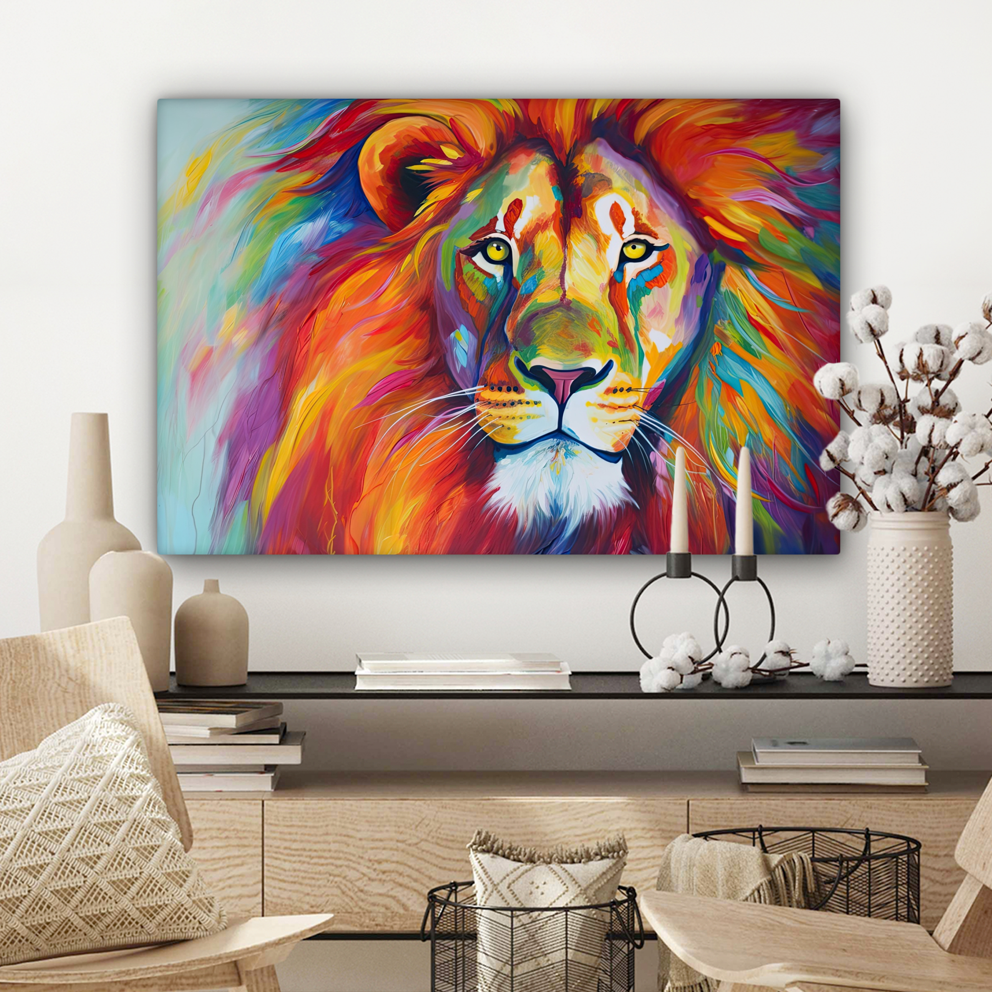 Tableau sur toile - Lion - Animaux - Peinture à l'huile - Arc-en-ciel-3