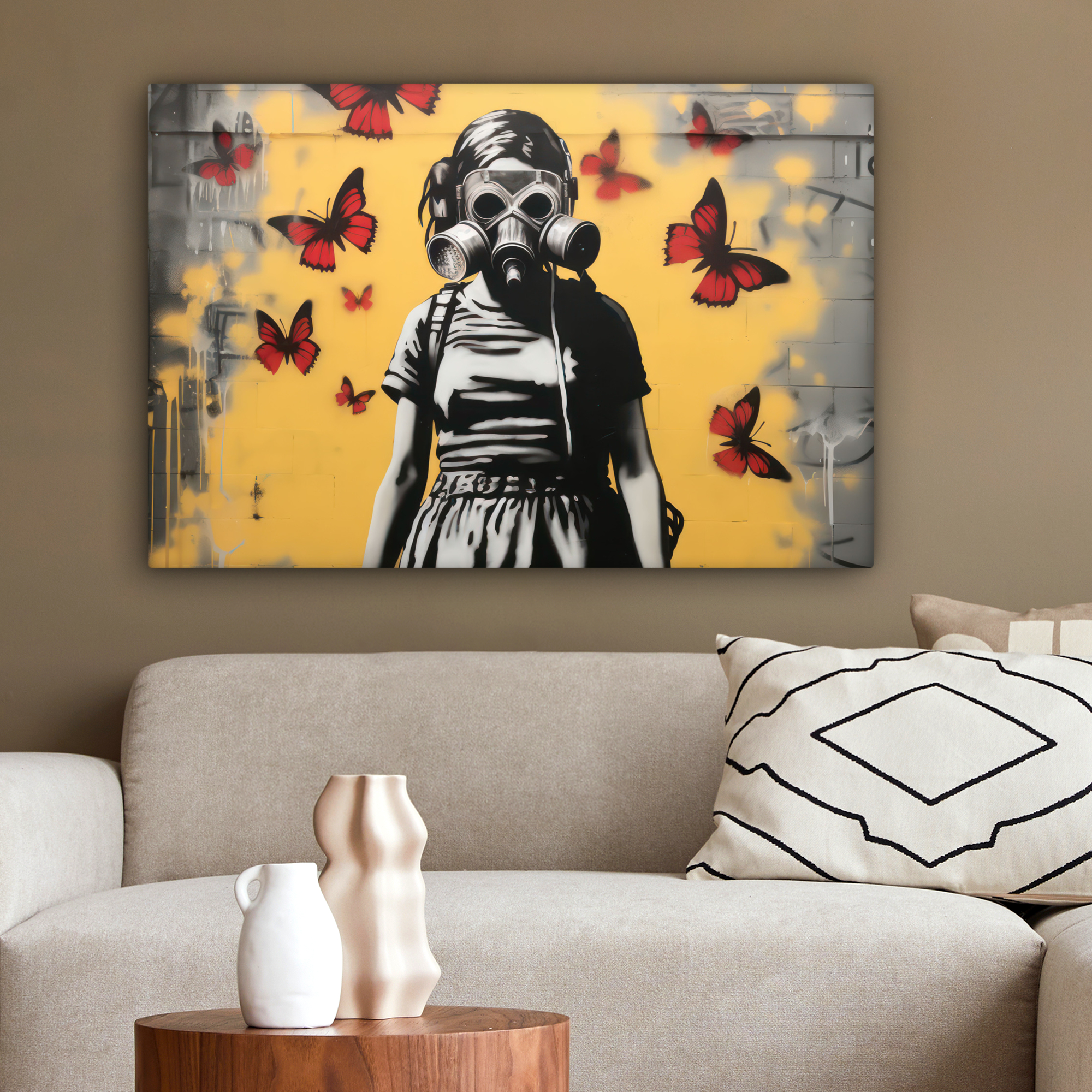 Tableau sur toile - Fille - Papillons - Masque - Art de rue-2