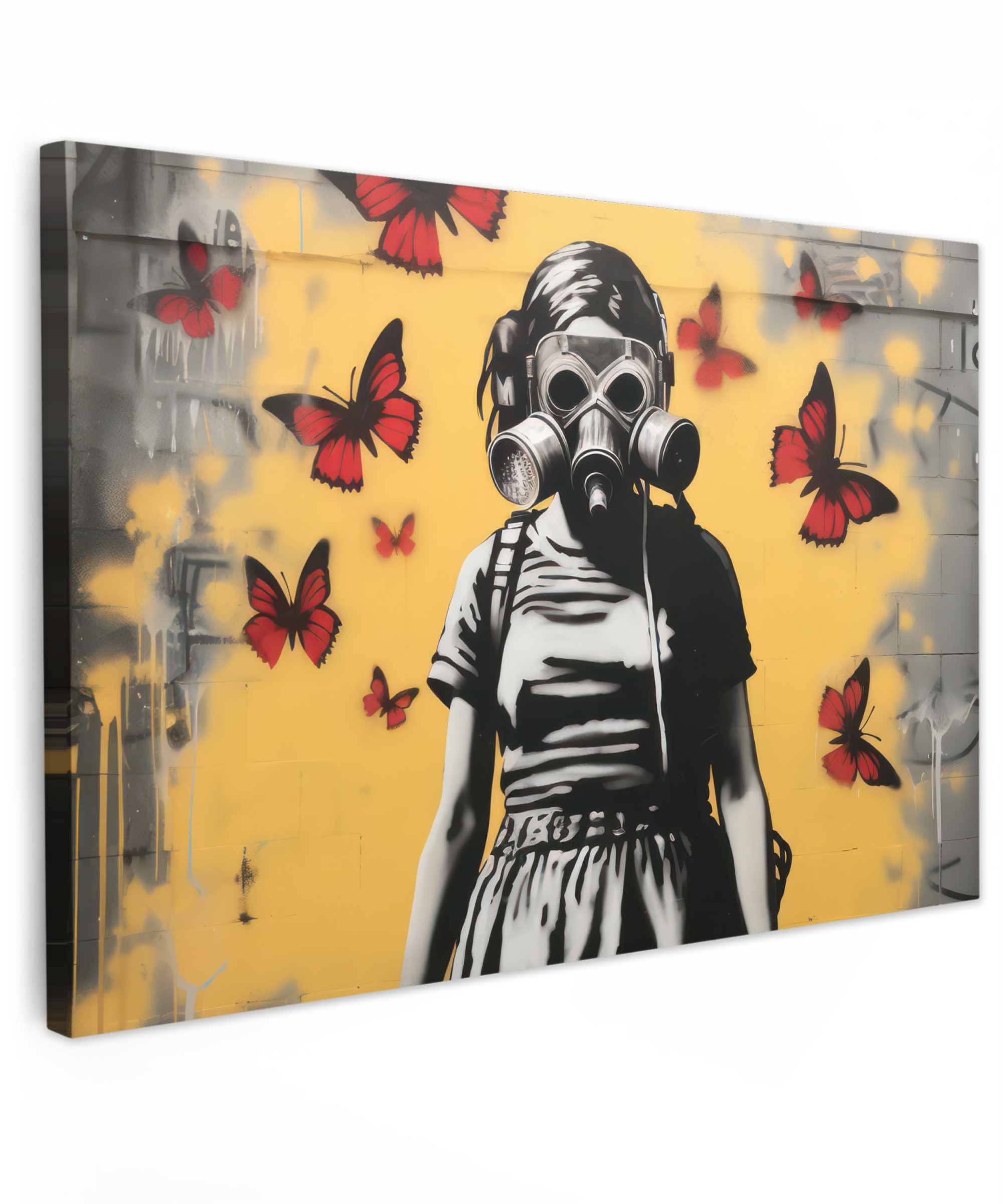 Tableau sur toile - Fille - Papillons - Masque - Art de rue