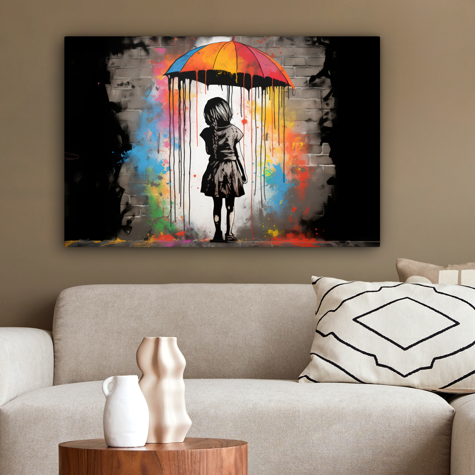 Tableau sur toile - Fille - Art - Parapluie - Graffiti - Couleurs - Mur-2