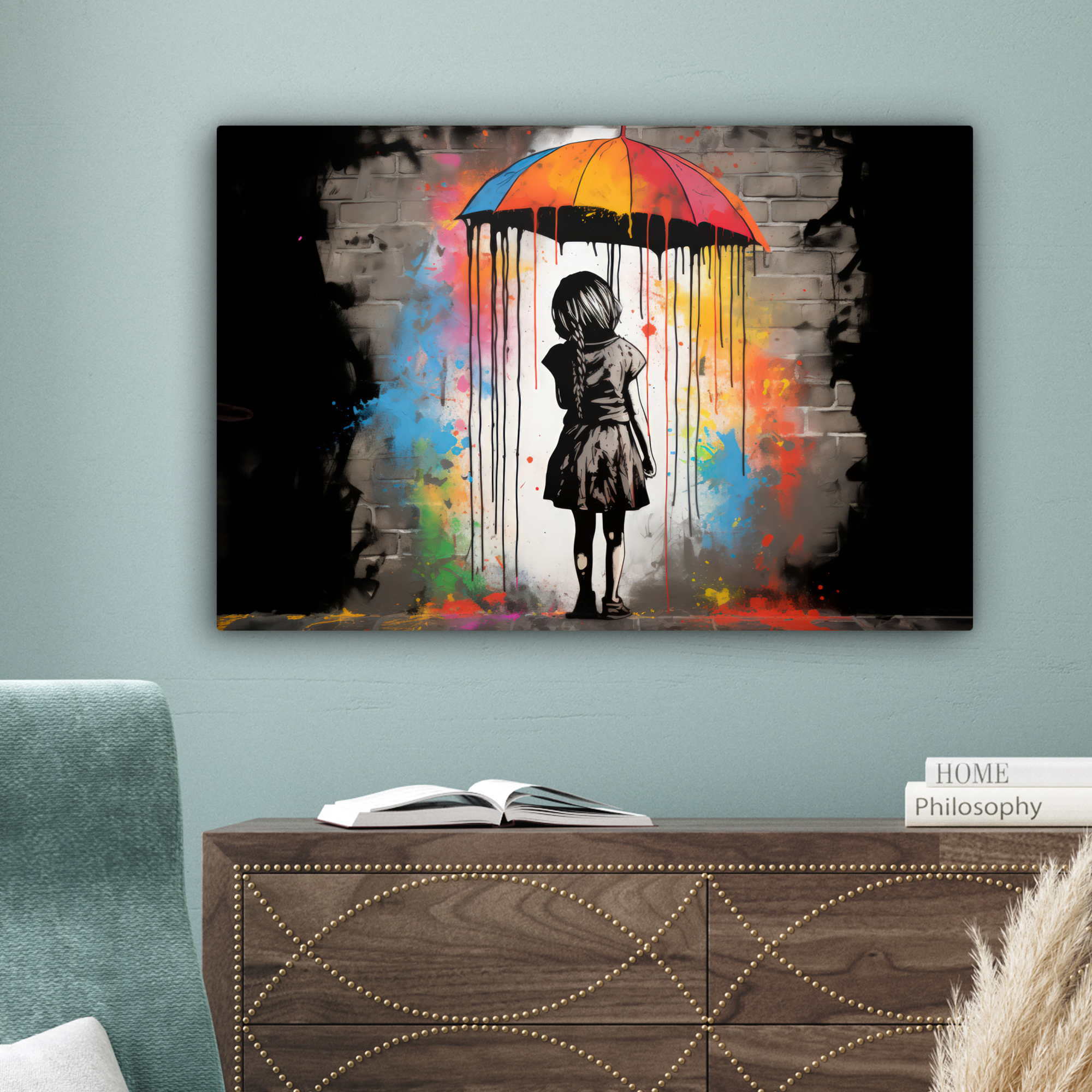 Leinwandbild - Mädchen - Kunst - Regenschirm - Graffiti - Farben - Wand-4