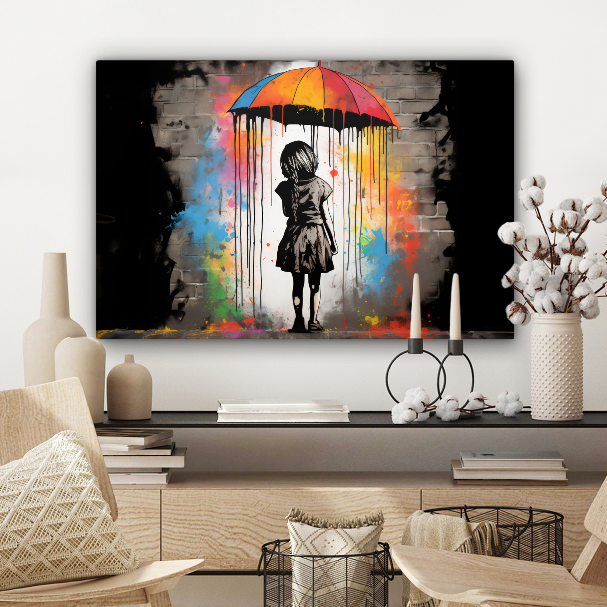 Tableau sur toile - Fille - Art - Parapluie - Graffiti - Couleurs - Mur-3