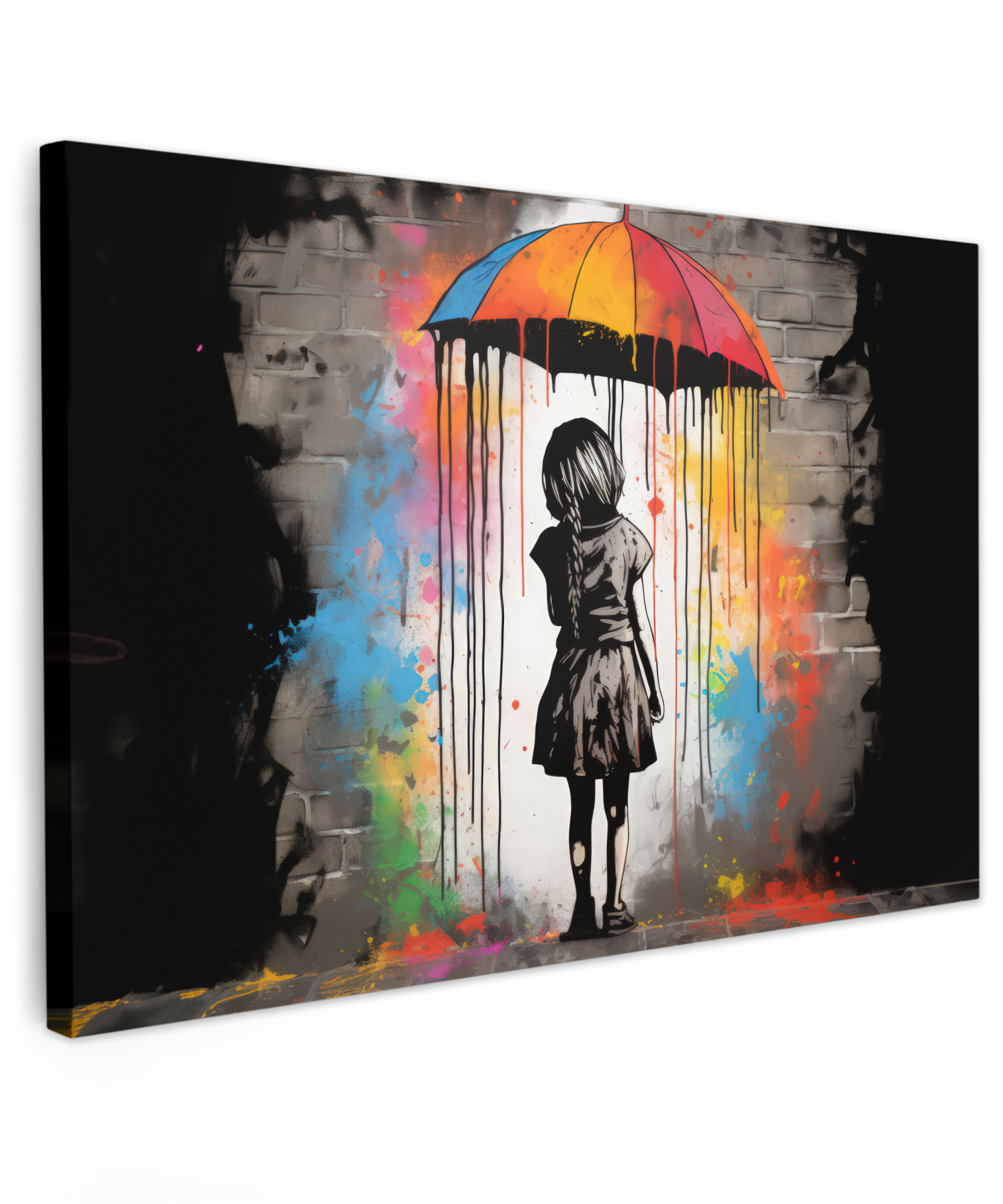 Leinwandbild - Mädchen - Kunst - Regenschirm - Graffiti - Farben - Wand