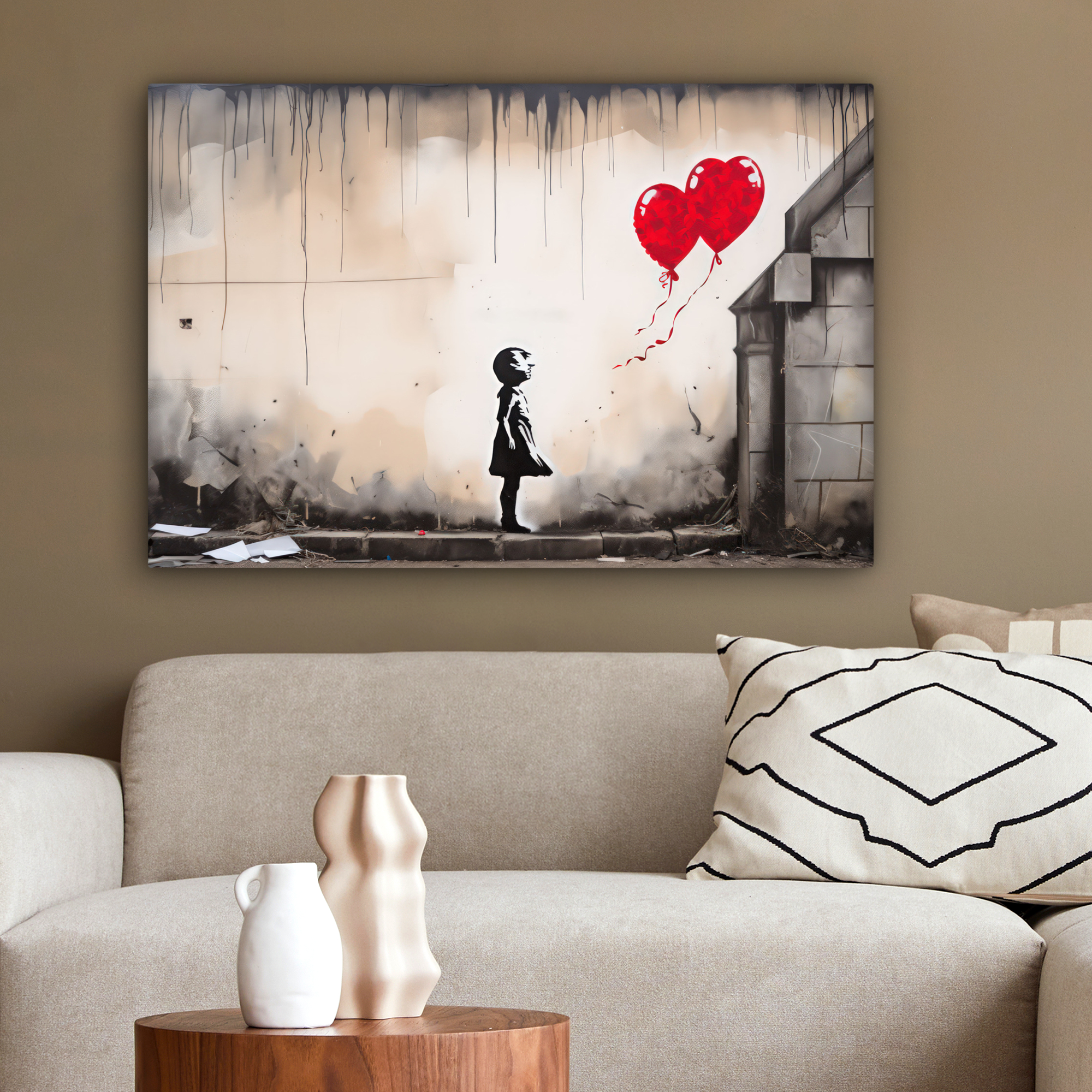 Tableau sur toile - Art - Fille - Ballons - Cœur - Gris-2